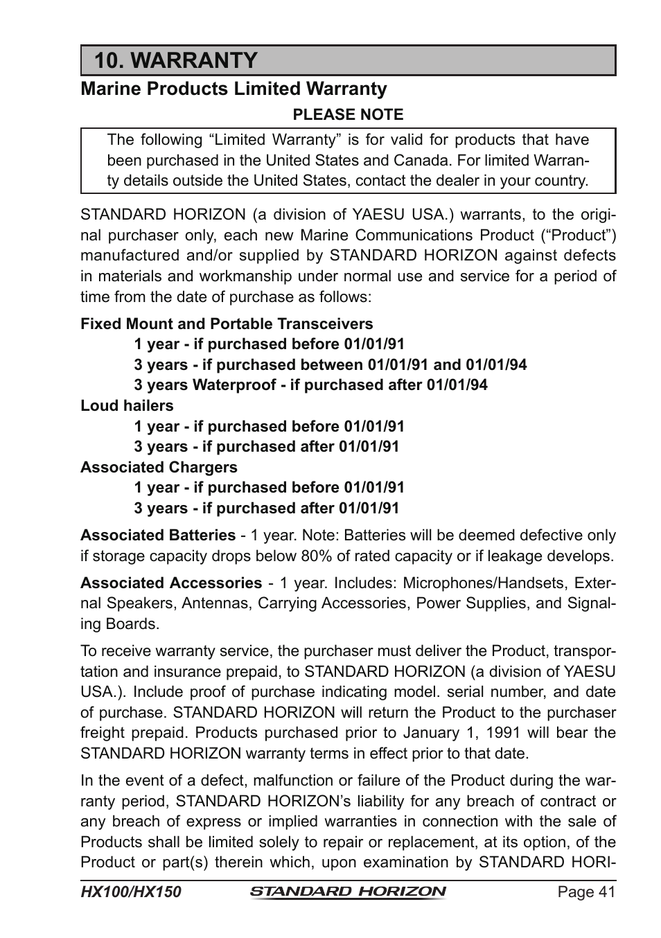 Warranty, Marine products limited warranty | Standard Horizon HX-100S User Manual | Page 41 / 48