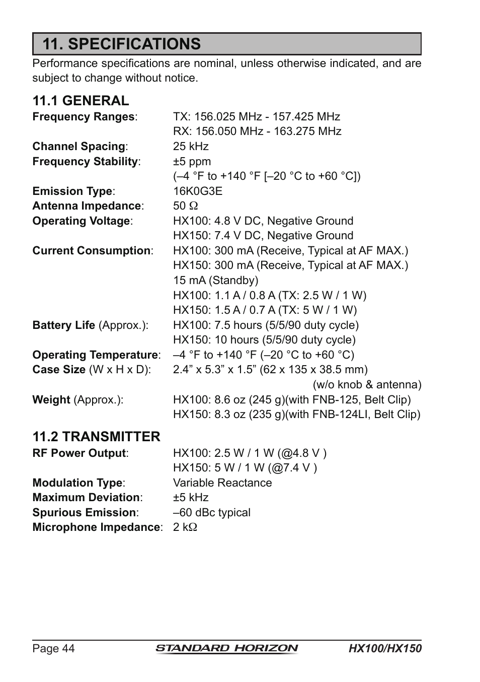 Specifications, 1 general, 2 transmitter | Standard Horizon HX-100S User Manual | Page 44 / 48