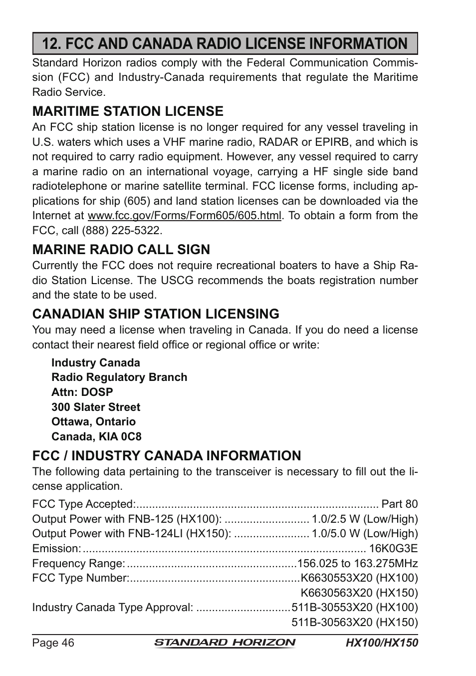 Fcc and canada radio license information, Maritime station license, Marine radio call sign | Canadian ship station licensing, Fcc / industry canada information | Standard Horizon HX-100S User Manual | Page 46 / 48