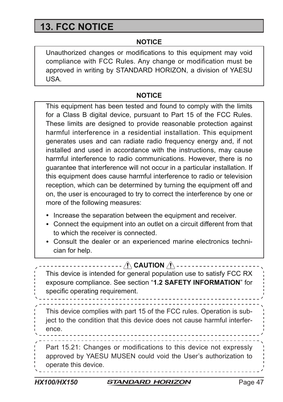 Fcc notice | Standard Horizon HX-100S User Manual | Page 47 / 48