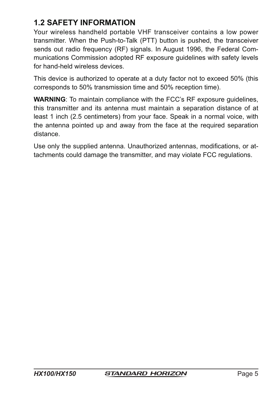 2 safety information | Standard Horizon HX-100S User Manual | Page 5 / 48