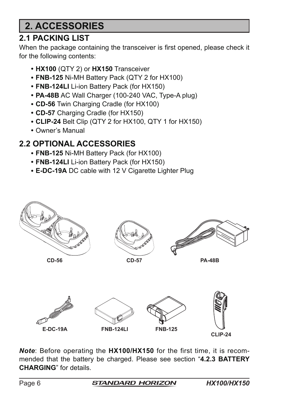 Accessories, 1 packing list, 2 optional accessories | Standard Horizon HX-100S User Manual | Page 6 / 48