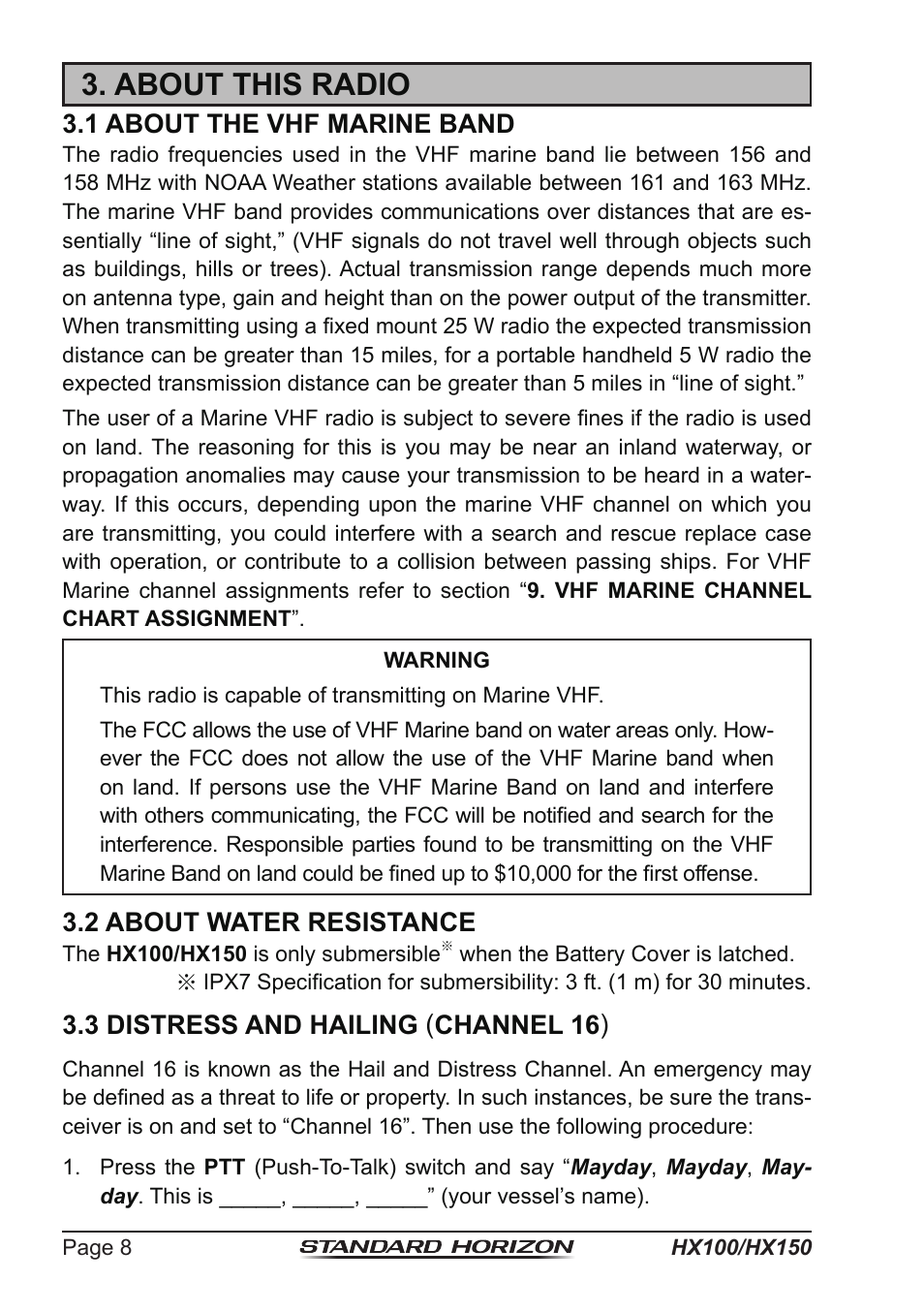 About this radio, 1 about the vhf marine band, 2 about water resistance | 3 distress and hailing ( channel 16 ) | Standard Horizon HX-100S User Manual | Page 8 / 48