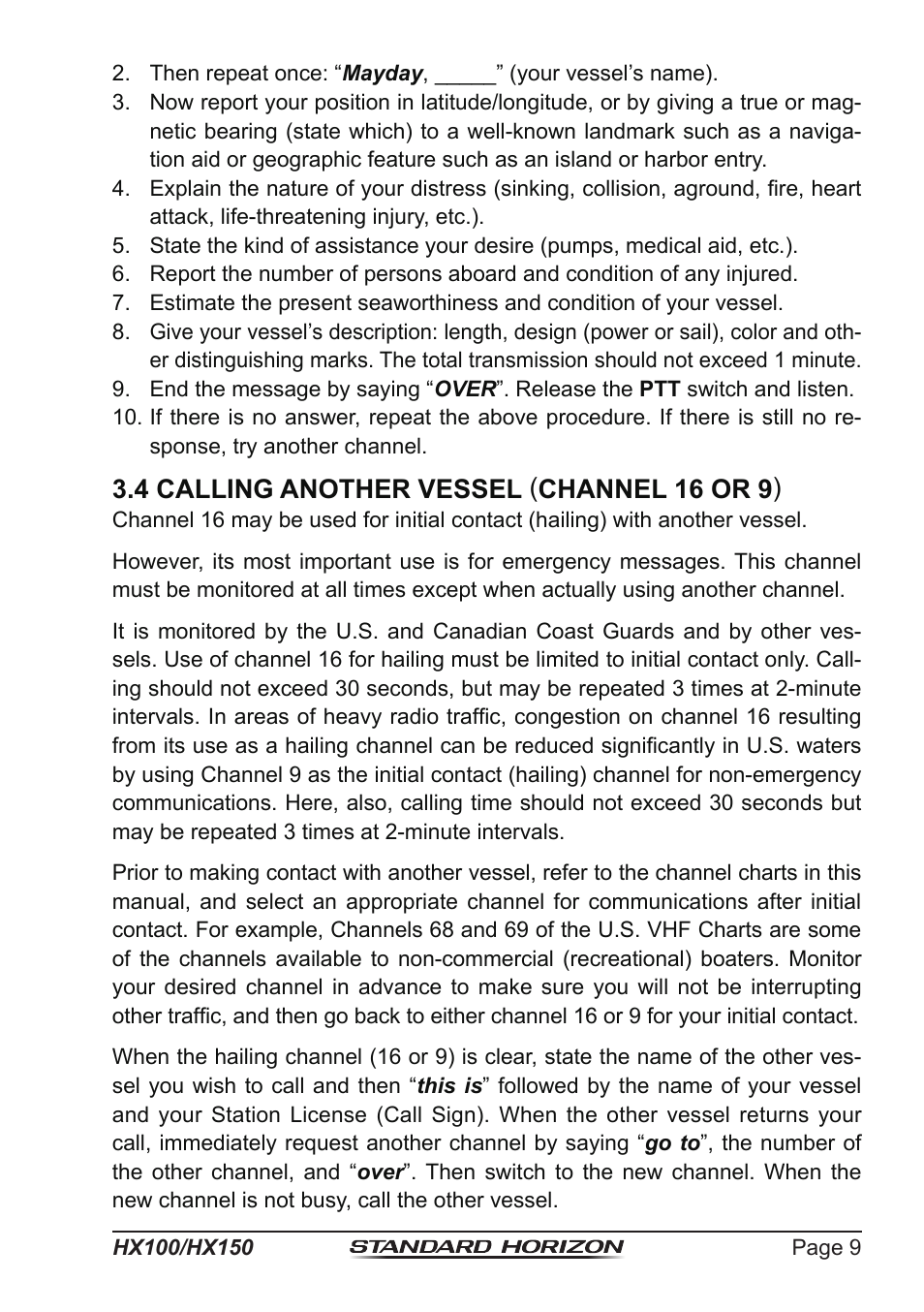 4 calling another vessel ( channel 16 or 9 ) | Standard Horizon HX-100S User Manual | Page 9 / 48