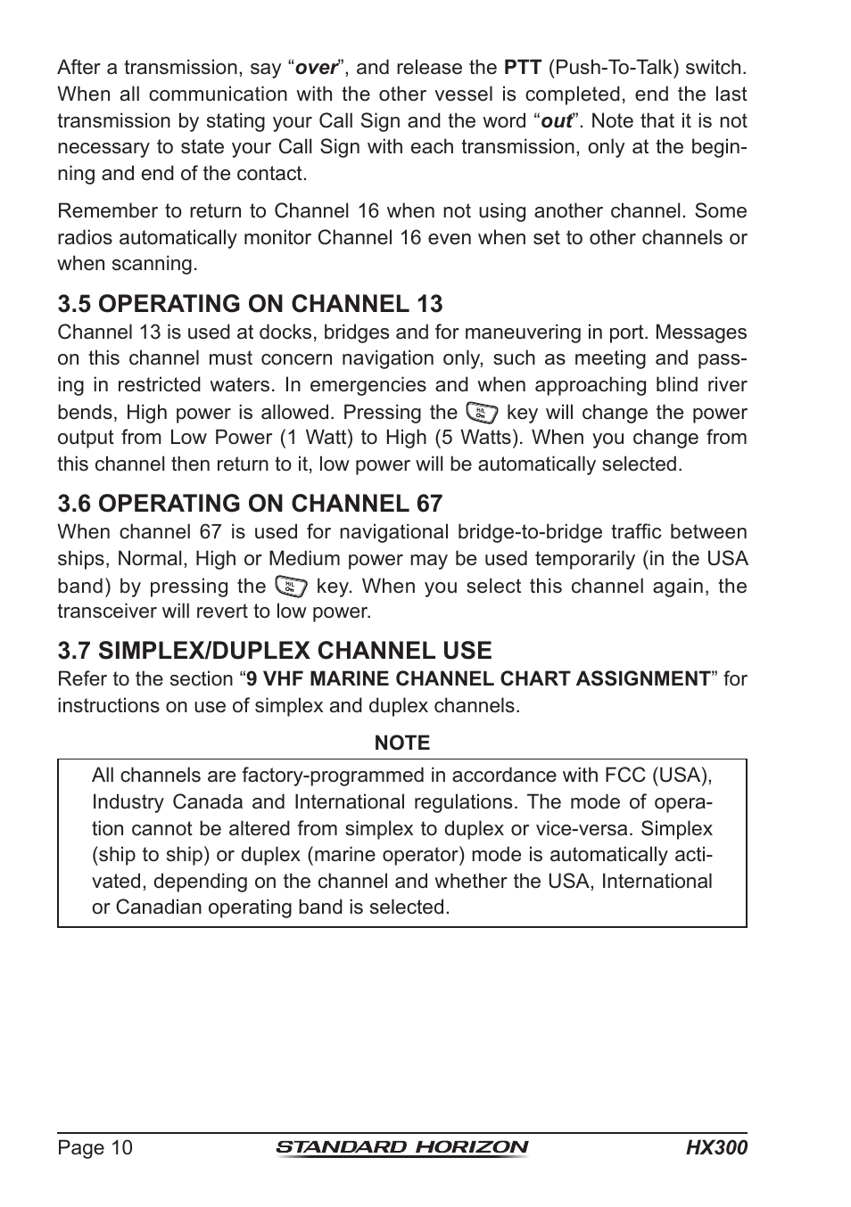 5 operating on channel 13, 6 operating on channel 67, 7 simplex/duplex channel use | Standard Horizon HX-300 User Manual | Page 10 / 48