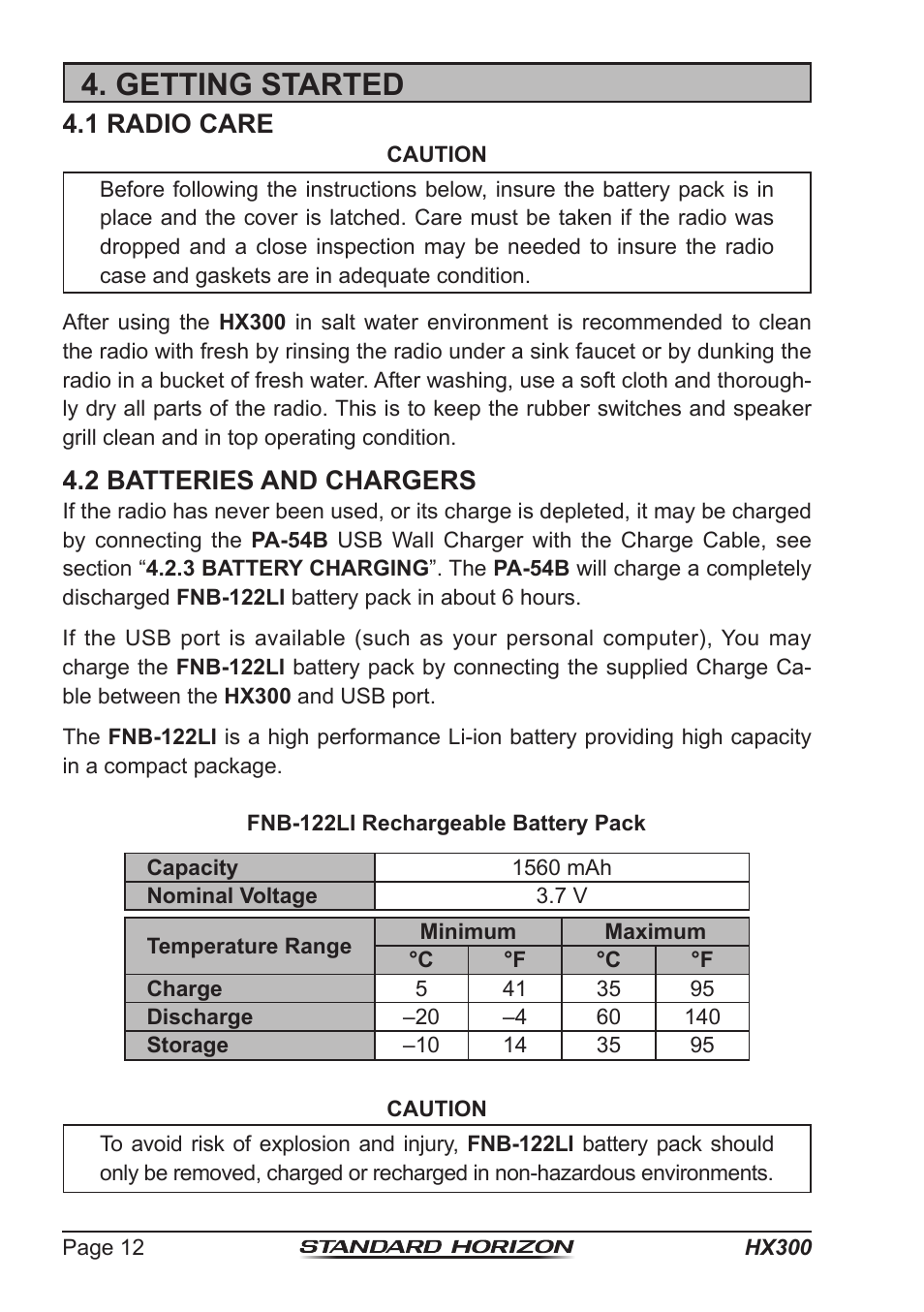 Getting started, 1 radio care, 2 batteries and chargers | Standard Horizon HX-300 User Manual | Page 12 / 48