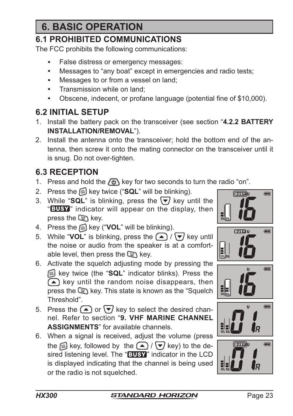 Basic operation, 1 prohibited communications, 2 initial setup | 3 reception | Standard Horizon HX-300 User Manual | Page 23 / 48