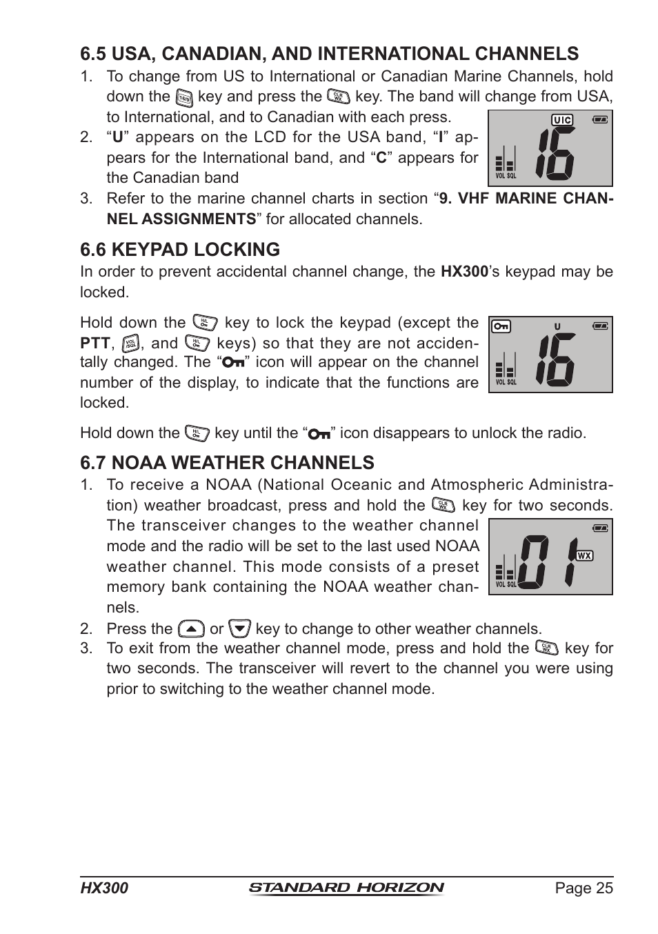 5 usa, canadian, and international channels, 6 keypad locking, 7 noaa weather channels | Standard Horizon HX-300 User Manual | Page 25 / 48