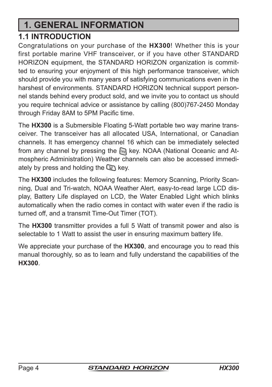 General information, 1 introduction | Standard Horizon HX-300 User Manual | Page 4 / 48
