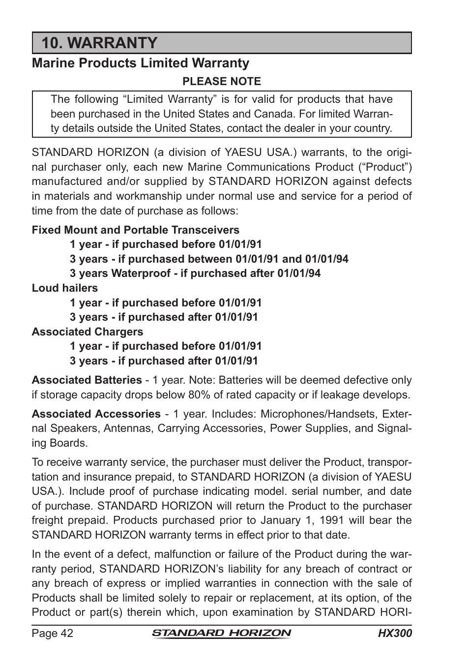 Warranty, Marine products limited warranty | Standard Horizon HX-300 User Manual | Page 42 / 48