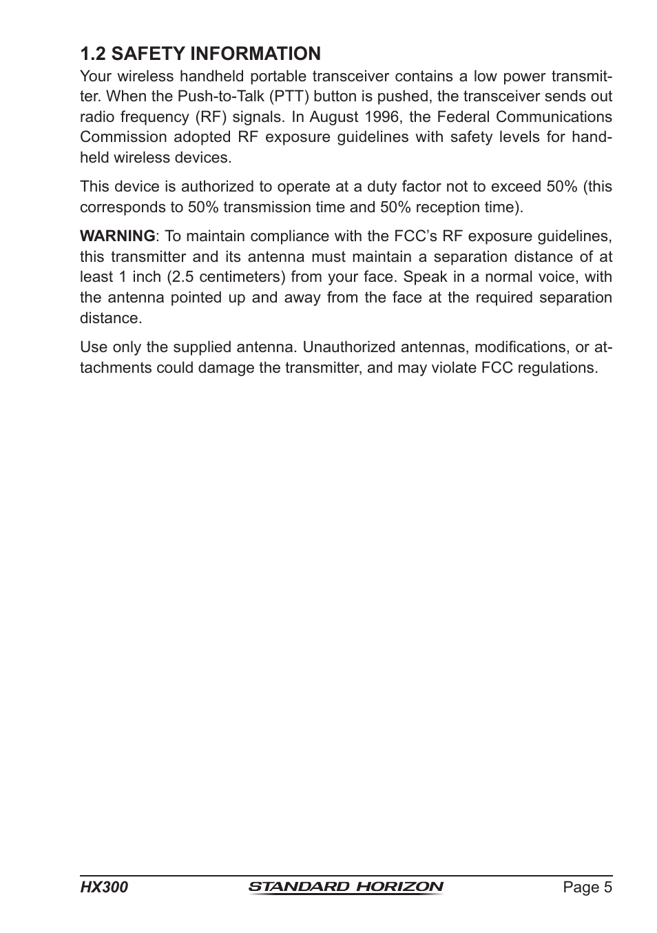2 safety information | Standard Horizon HX-300 User Manual | Page 5 / 48