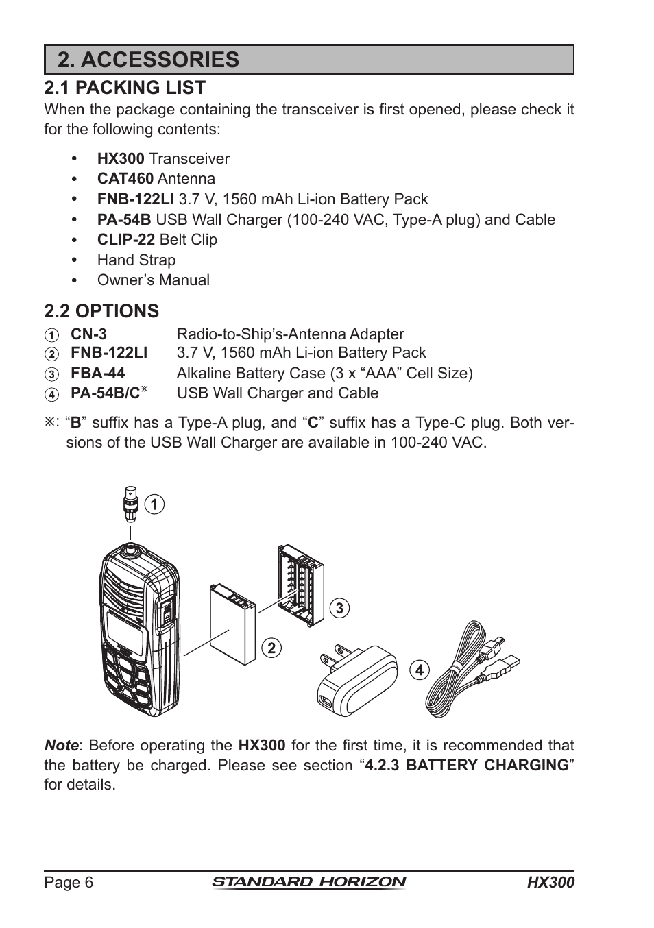 Accessories, 1 packing list, 2 options | Standard Horizon HX-300 User Manual | Page 6 / 48
