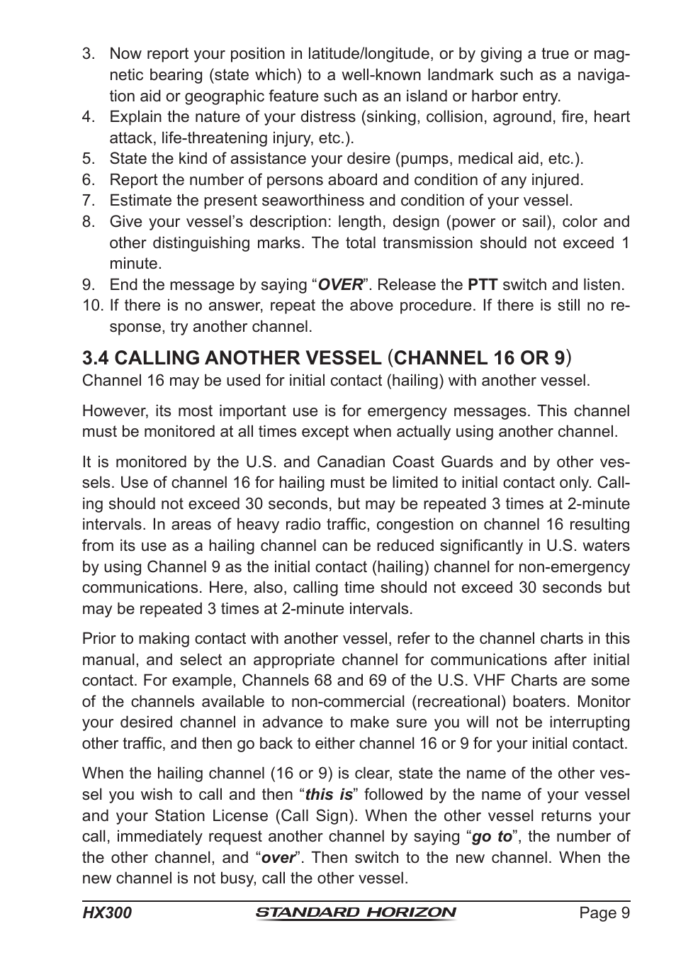4 calling another vessel ( channel 16 or 9 ) | Standard Horizon HX-300 User Manual | Page 9 / 48