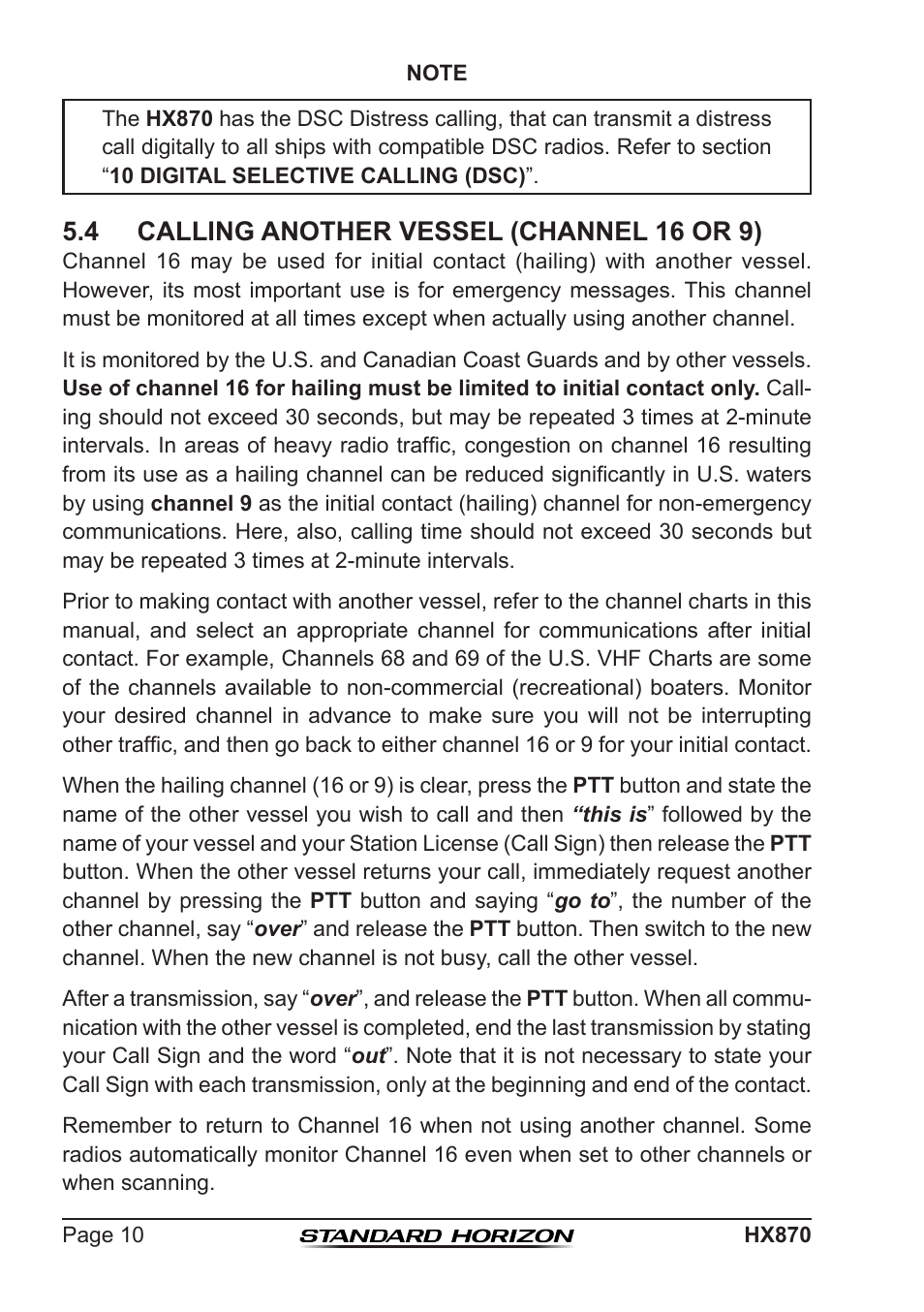 4 calling another vessel (channel 16 or 9) | Standard Horizon HX-870 User Manual | Page 10 / 140