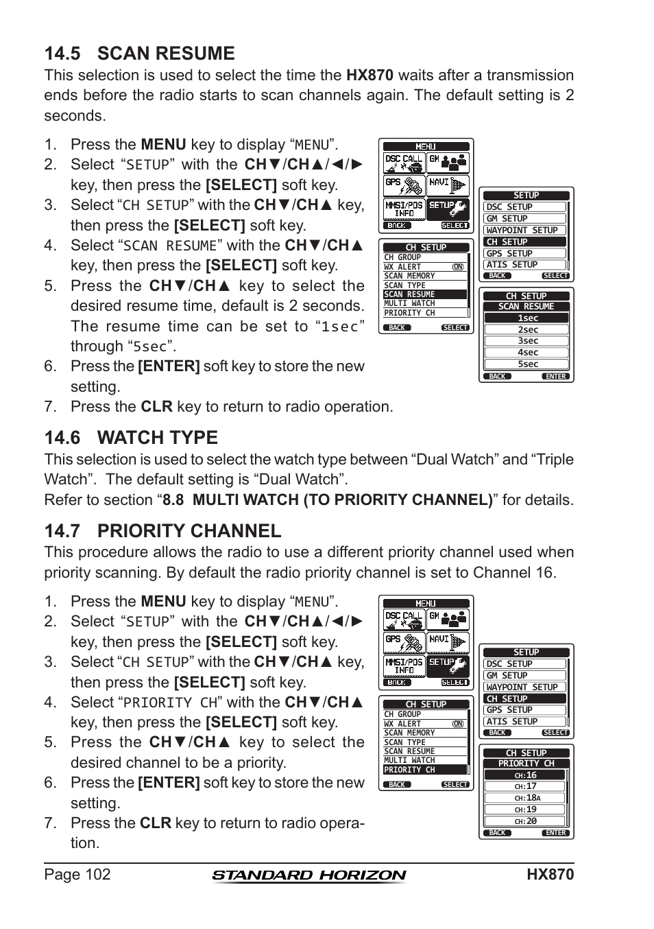 5 scan resume, 6 watch type, 7 priority channel | Standard Horizon HX-870 User Manual | Page 102 / 140