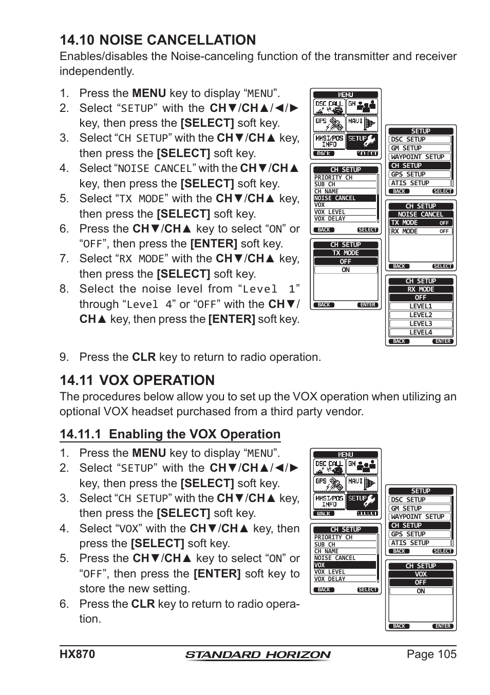 10 noise cancellation, 11 vox operation, 1 enabling the vox operation | Press the menu key to display “menu | Standard Horizon HX-870 User Manual | Page 105 / 140