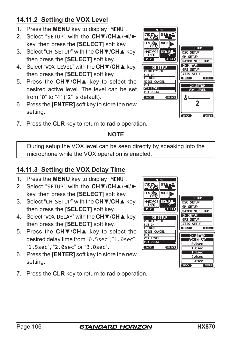 2 setting the vox level, 3 setting the vox delay time, Press the menu key to display “menu | Standard Horizon HX-870 User Manual | Page 106 / 140