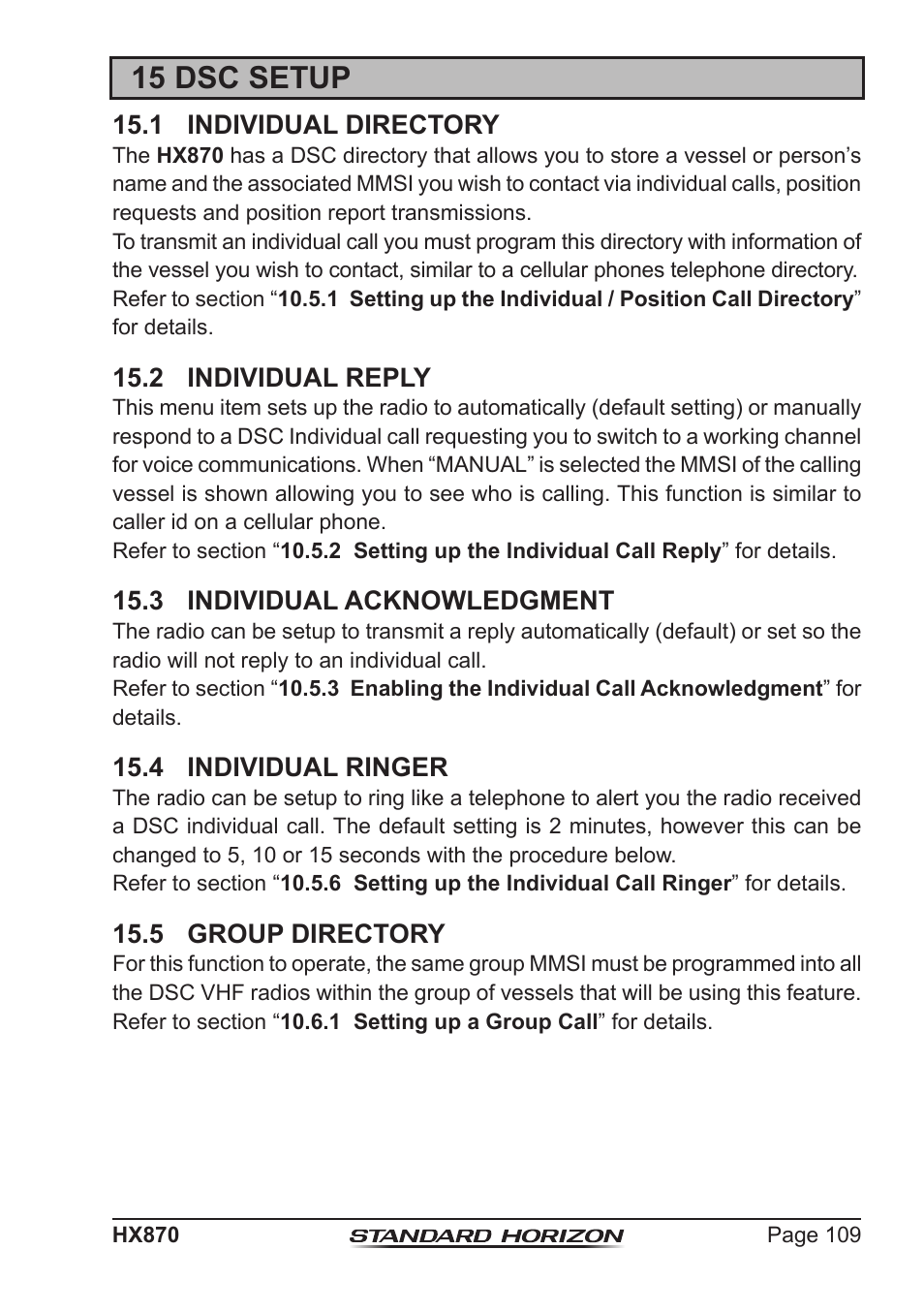 15 dsc setup, 1 individual directory, 2 individual reply | 3 individual acknowledgment, 4 individual ringer, 5 group directory | Standard Horizon HX-870 User Manual | Page 109 / 140