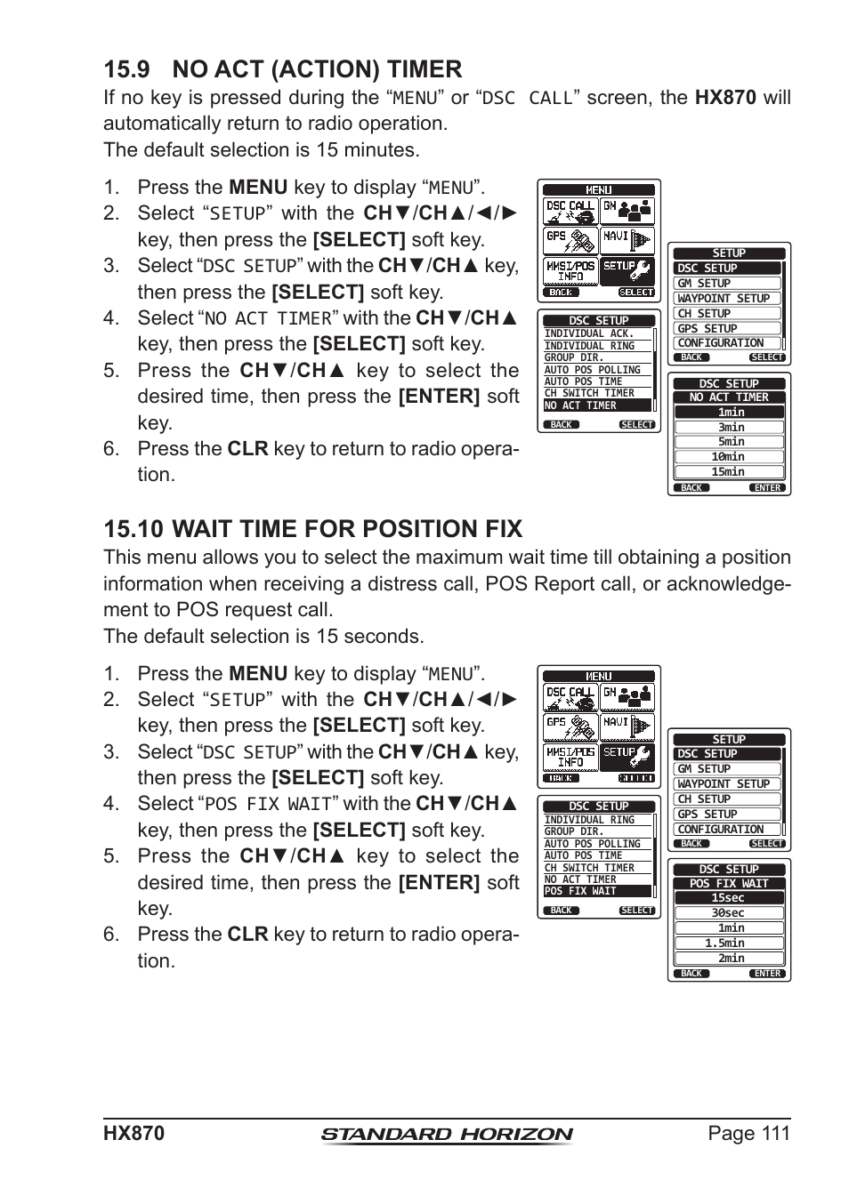 9 no act (action) timer, 10 wait time for position fix | Standard Horizon HX-870 User Manual | Page 111 / 140