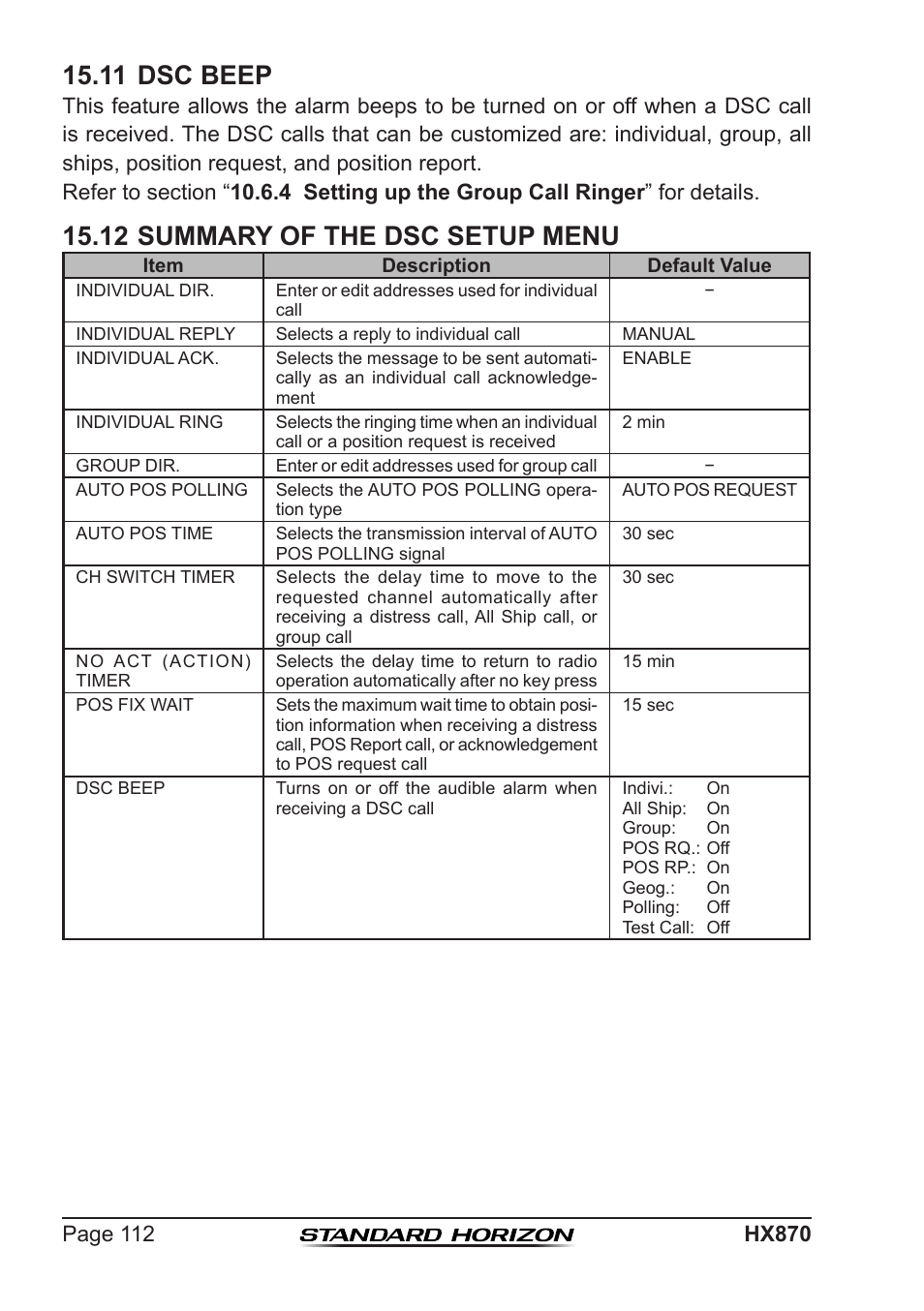 11 dsc beep, 12 summary of the dsc setup menu | Standard Horizon HX-870 User Manual | Page 112 / 140