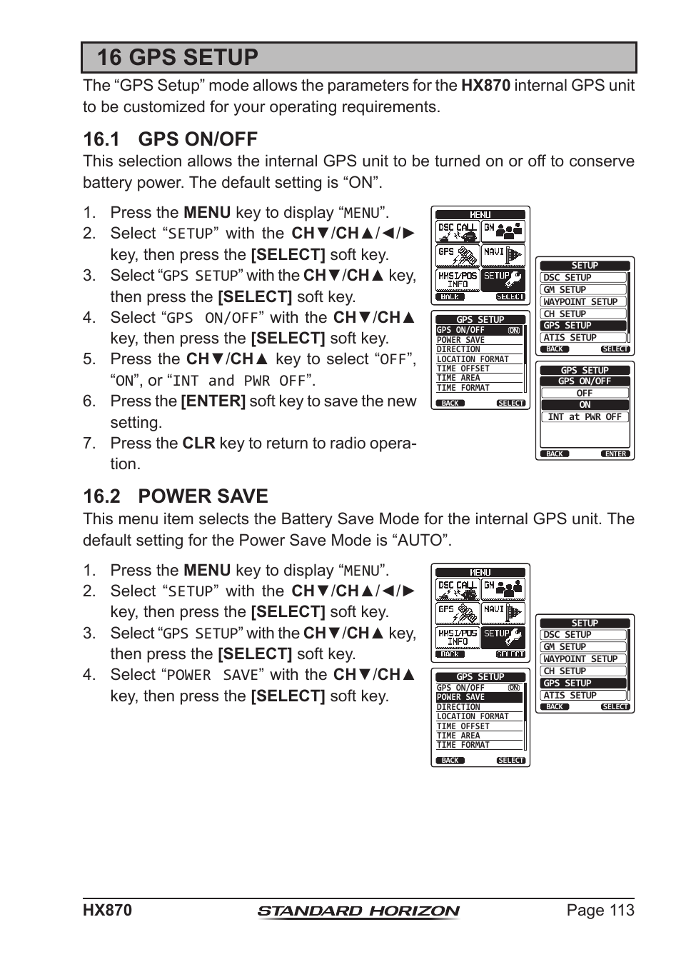 16 gps setup, 1 gps on/off, 2 power save | Standard Horizon HX-870 User Manual | Page 113 / 140