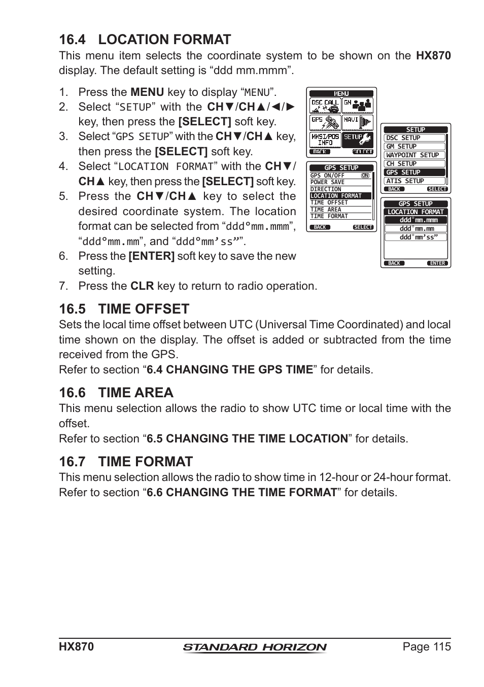 4 location format, 5 time offset, 6 time area | 7 time format | Standard Horizon HX-870 User Manual | Page 115 / 140