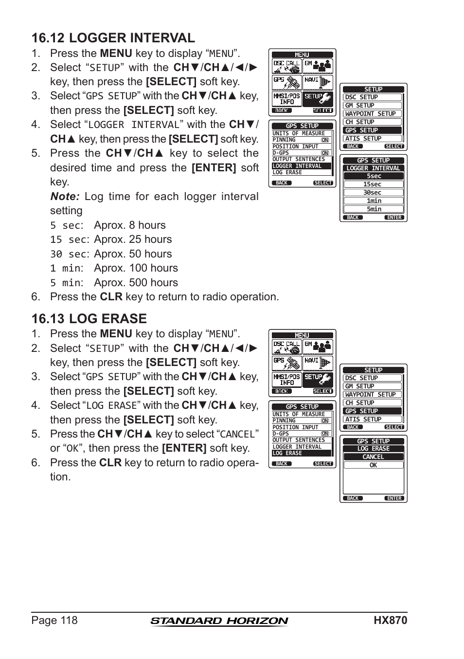 12 logger interval, 13 log erase, Press the menu key to display “menu | Standard Horizon HX-870 User Manual | Page 118 / 140