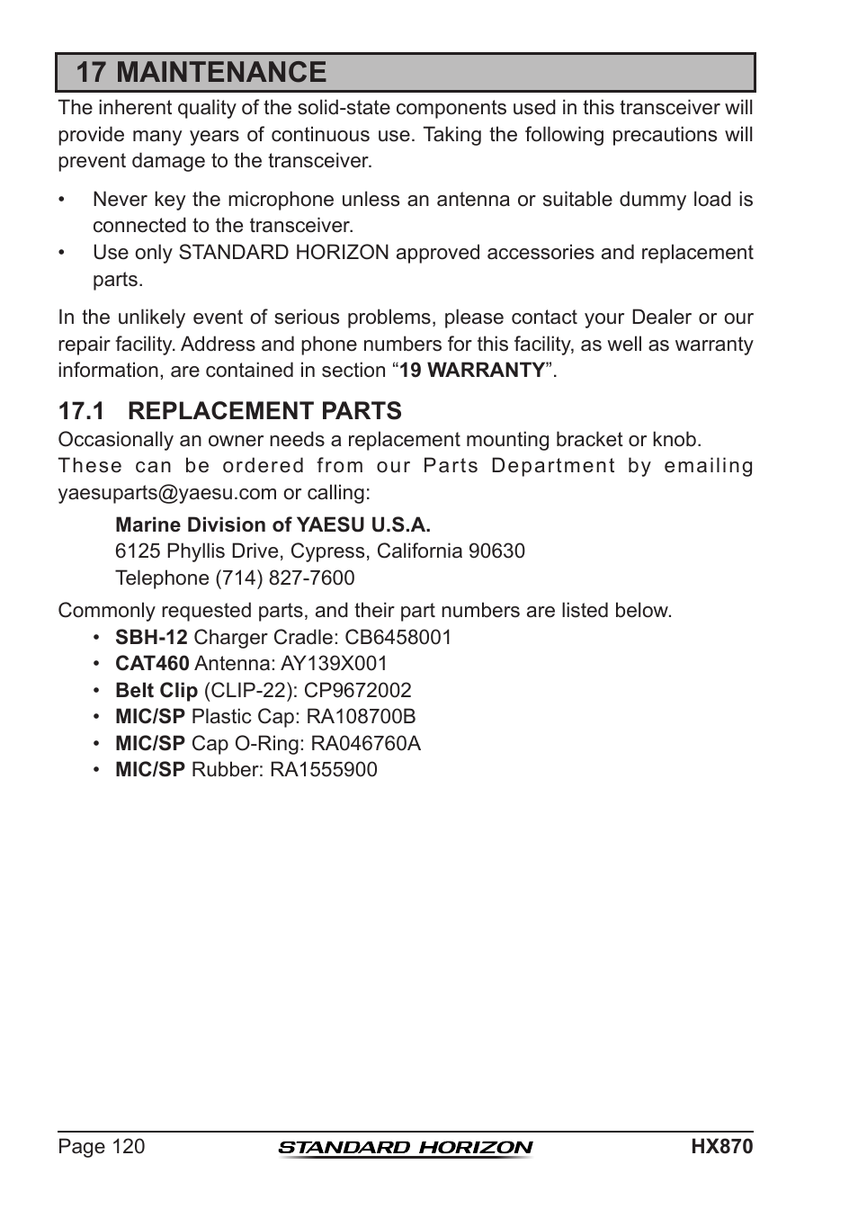 17 maintenance, 1 replacement parts | Standard Horizon HX-870 User Manual | Page 120 / 140