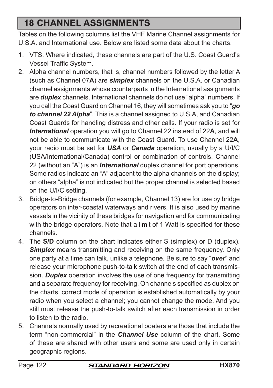 18 channel assignments | Standard Horizon HX-870 User Manual | Page 122 / 140