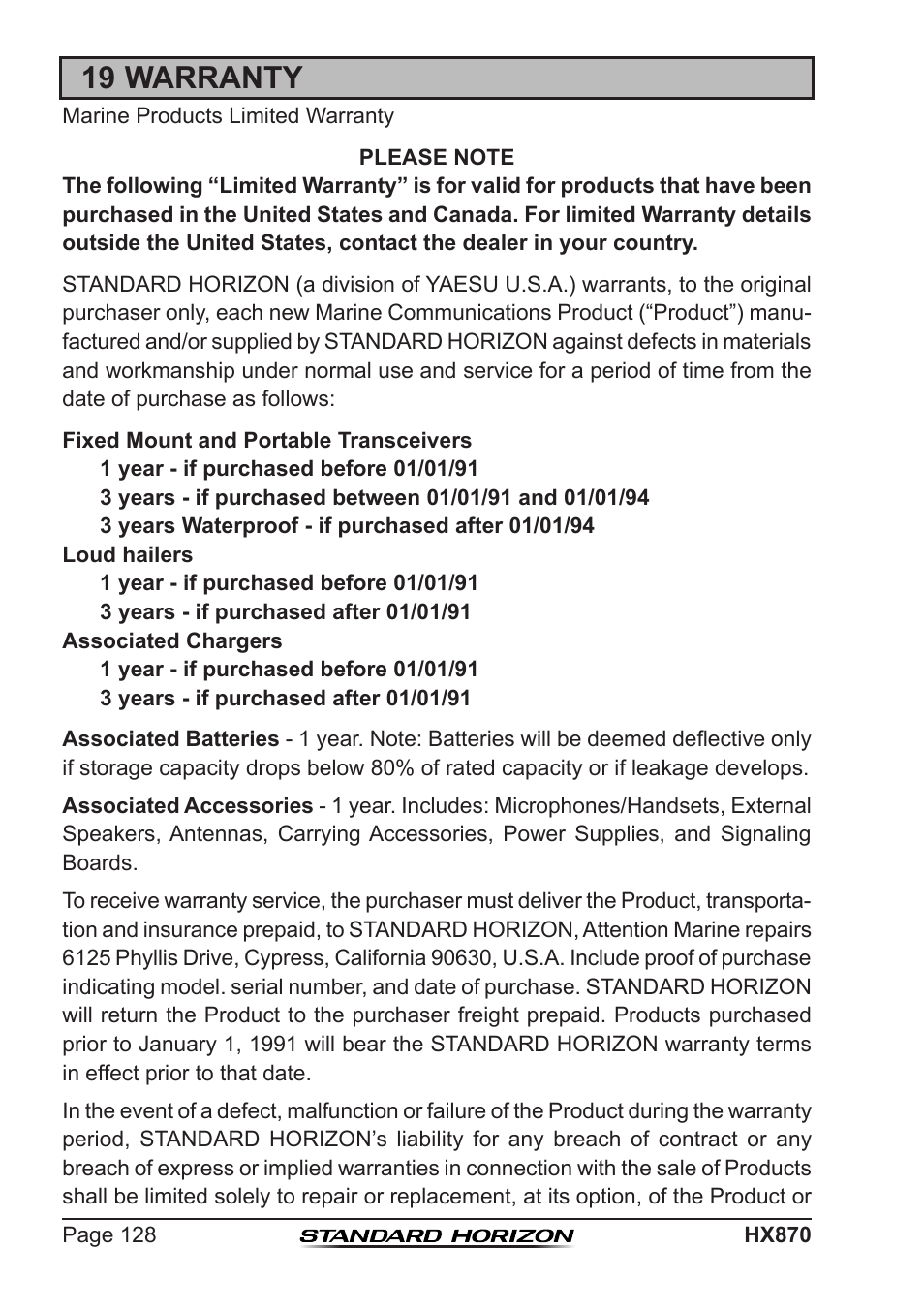 19 warranty | Standard Horizon HX-870 User Manual | Page 128 / 140