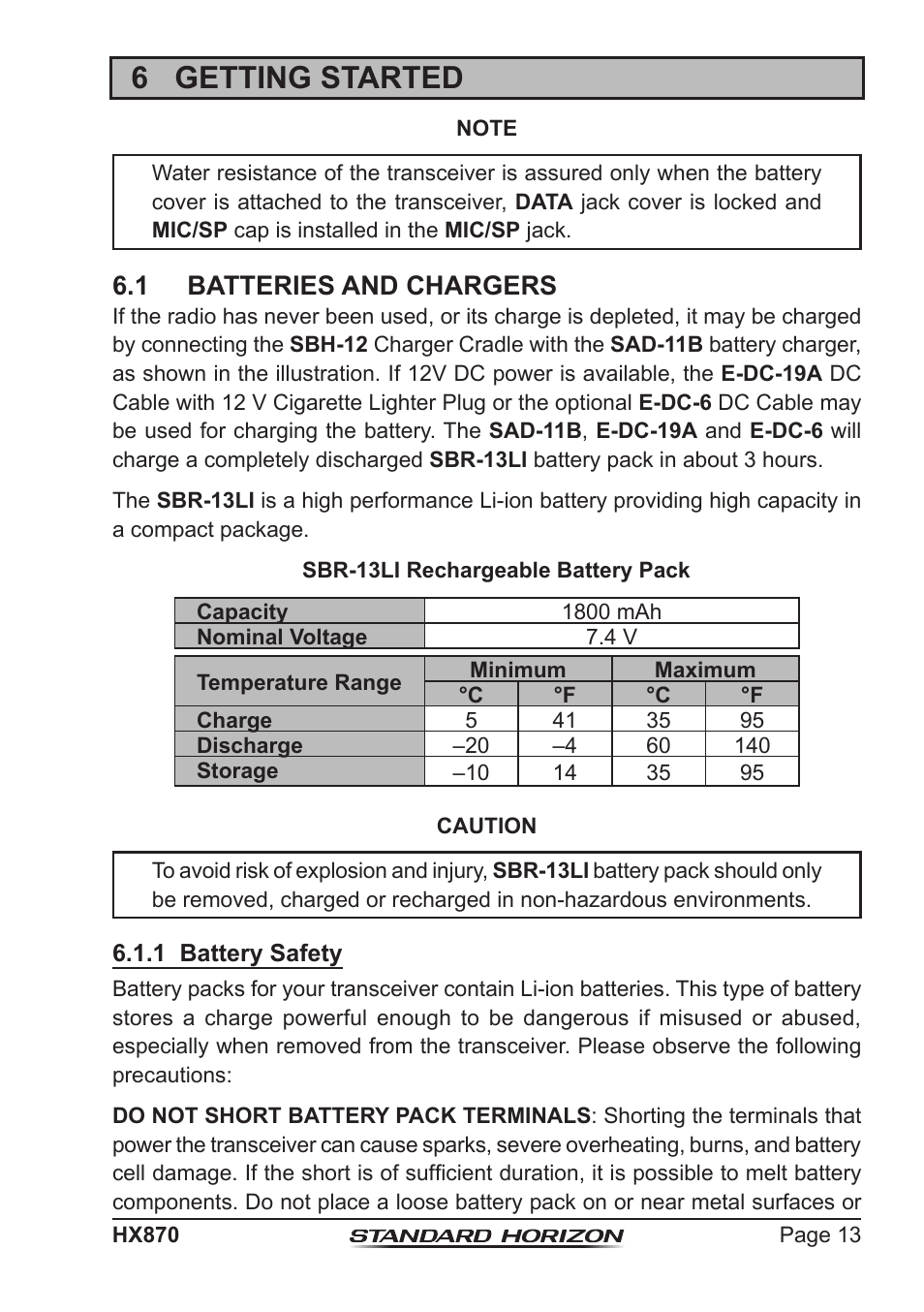 6 getting started, 1 batteries and chargers | Standard Horizon HX-870 User Manual | Page 13 / 140