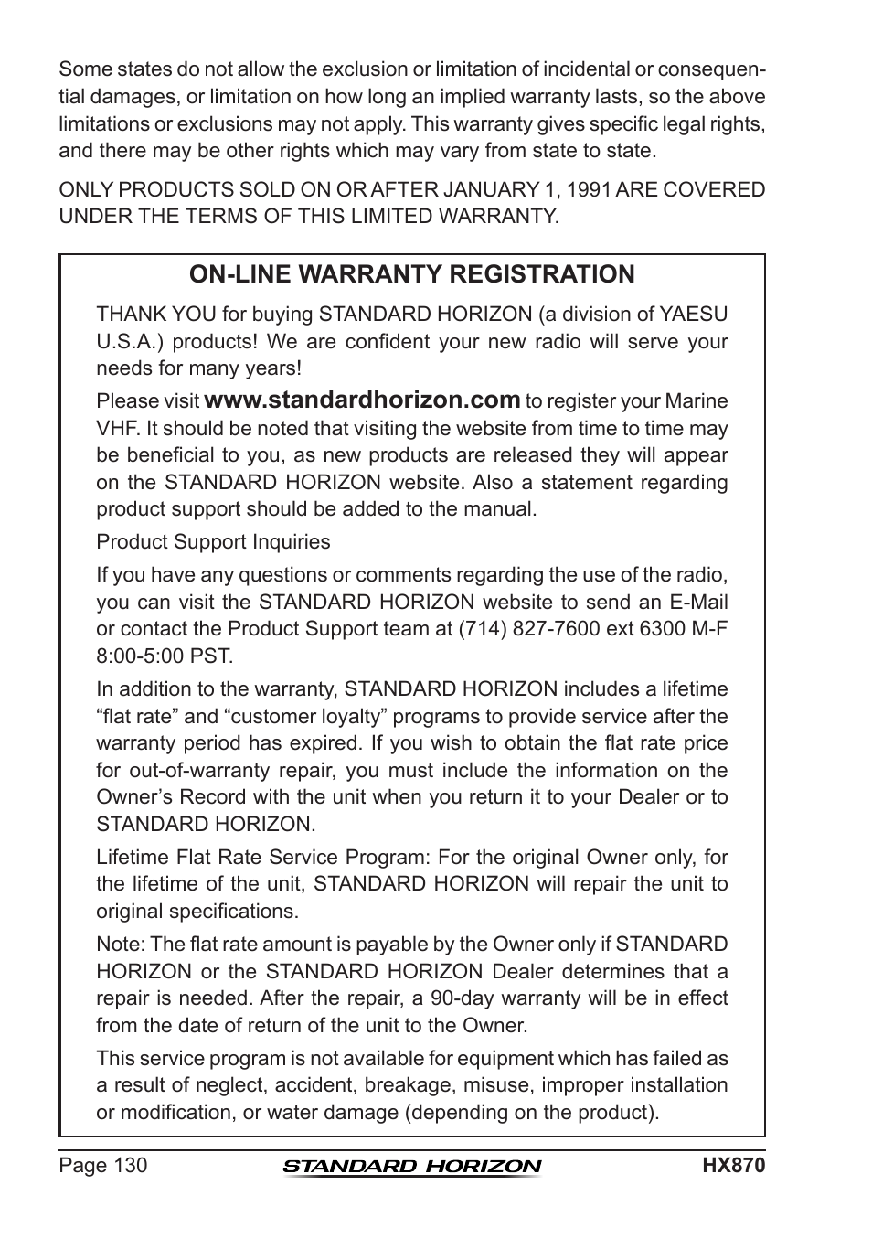 On-line warranty registration | Standard Horizon HX-870 User Manual | Page 130 / 140