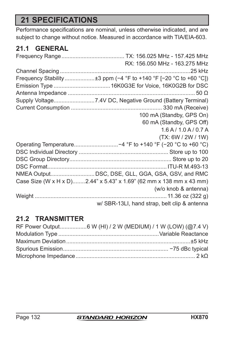 21 specifications, 1 general, 2 transmitter | Standard Horizon HX-870 User Manual | Page 132 / 140