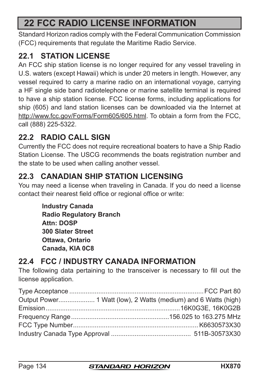 22 fcc radio license information, 1 station license, 2 radio call sign | 3 canadian ship station licensing, 4 fcc / industry canada information | Standard Horizon HX-870 User Manual | Page 134 / 140