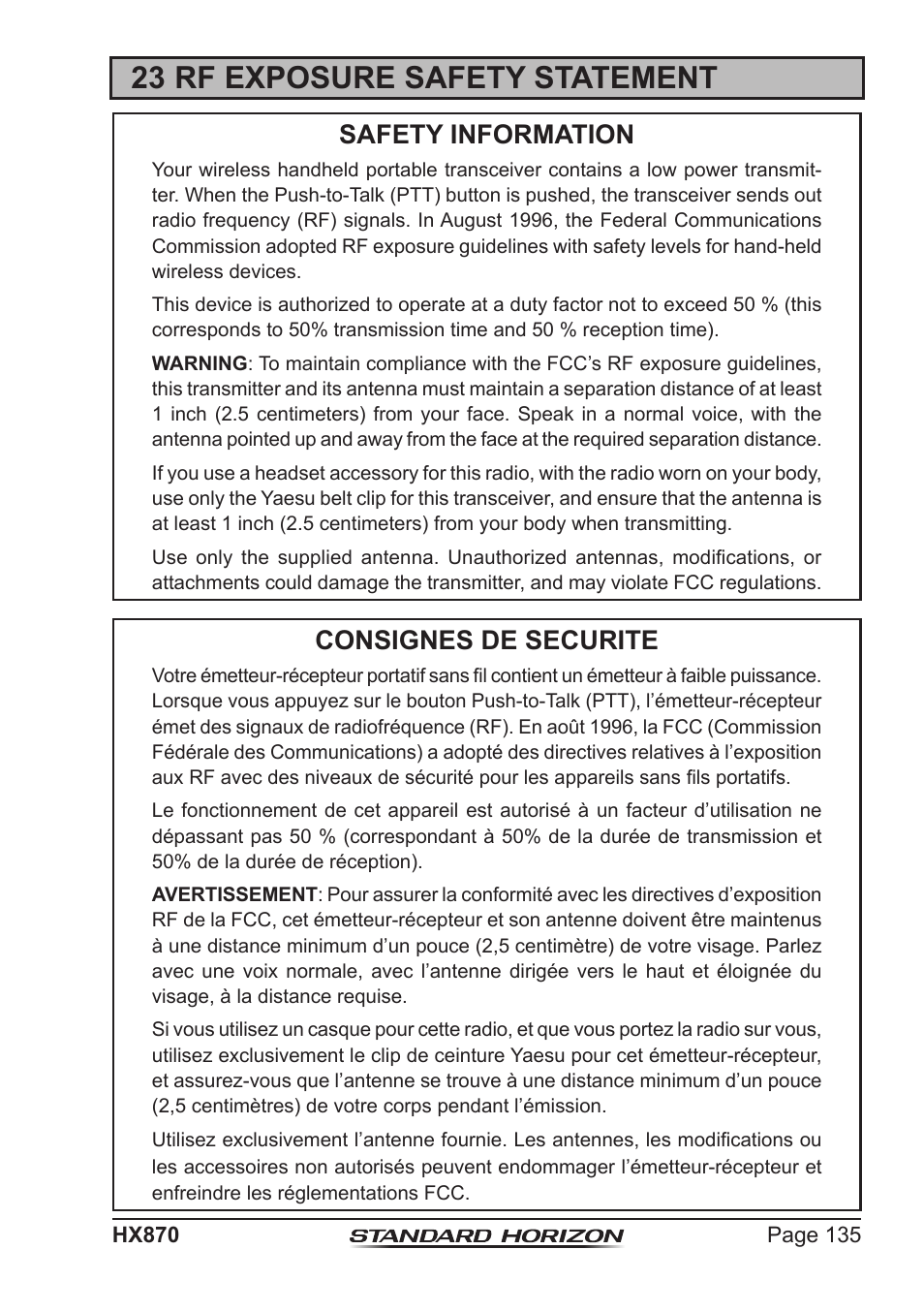 23 rf exposure safety statement, Safety information, Consignes de securite | Standard Horizon HX-870 User Manual | Page 135 / 140