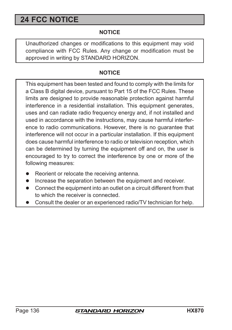 24 fcc notice | Standard Horizon HX-870 User Manual | Page 136 / 140