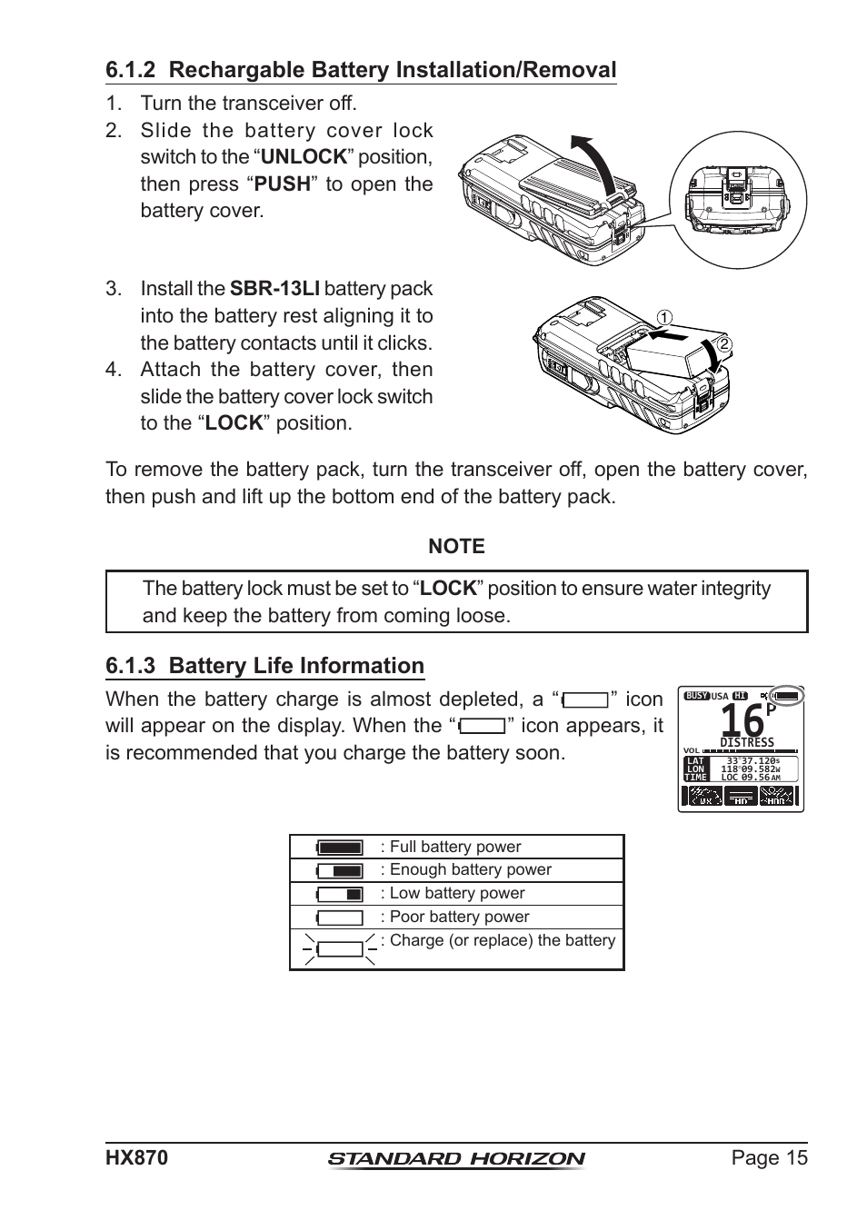 2 rechargable battery installation/removal, 3 battery life information | Standard Horizon HX-870 User Manual | Page 15 / 140