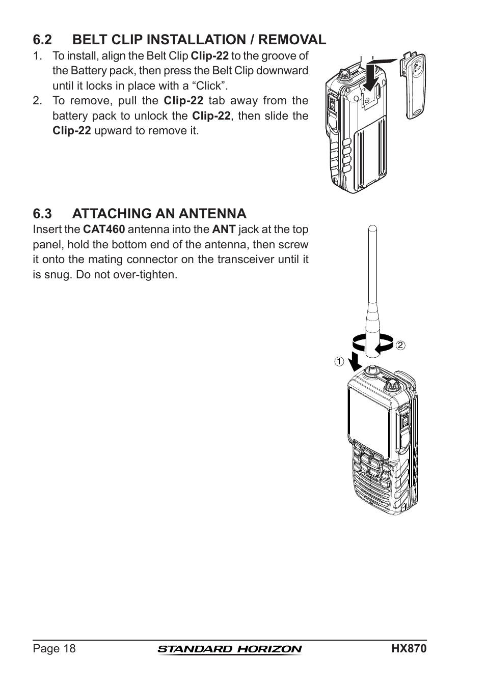 2 belt clip installation / removal, 3 attaching an antenna | Standard Horizon HX-870 User Manual | Page 18 / 140