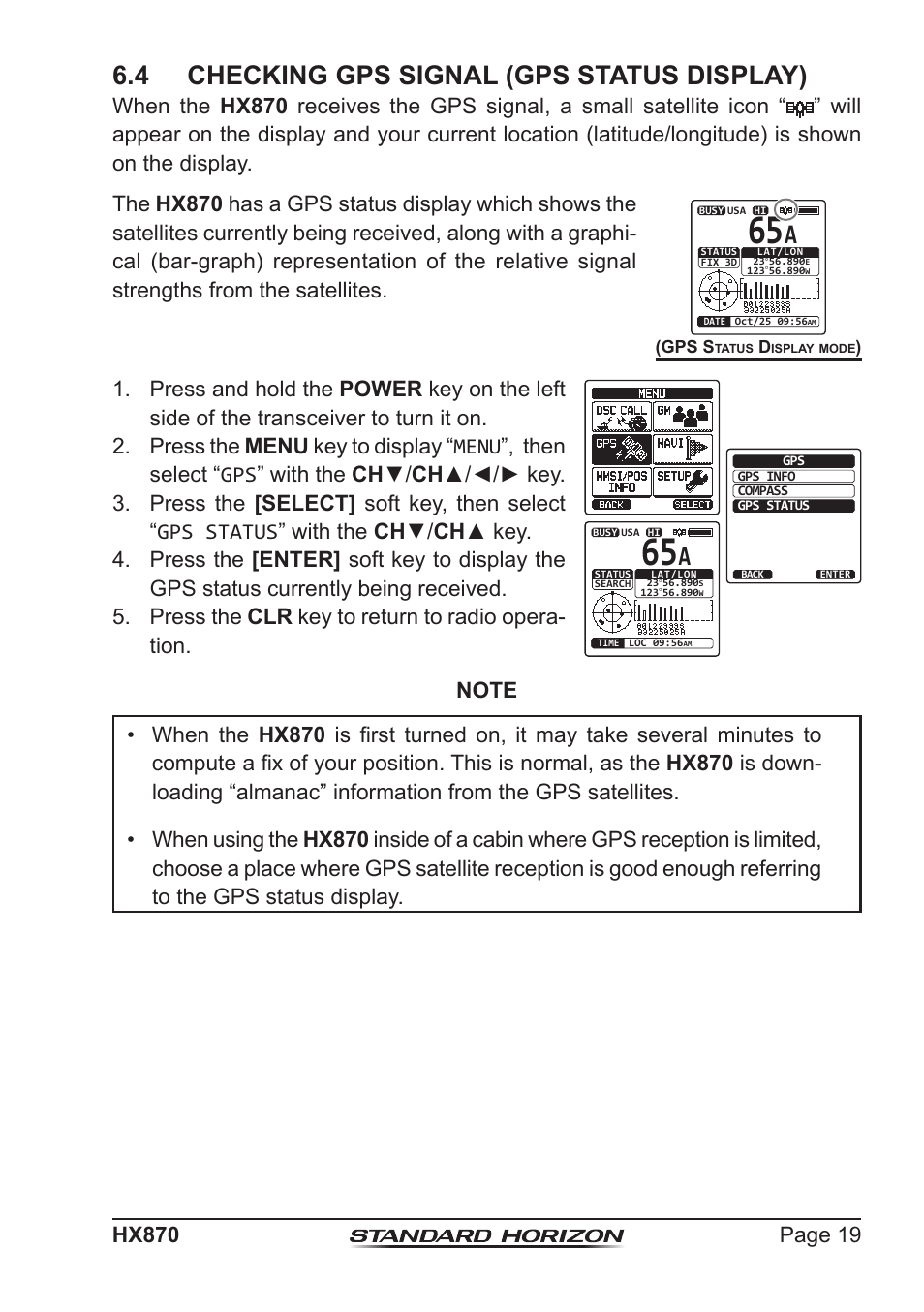 4 checking gps signal (gps status display) | Standard Horizon HX-870 User Manual | Page 19 / 140