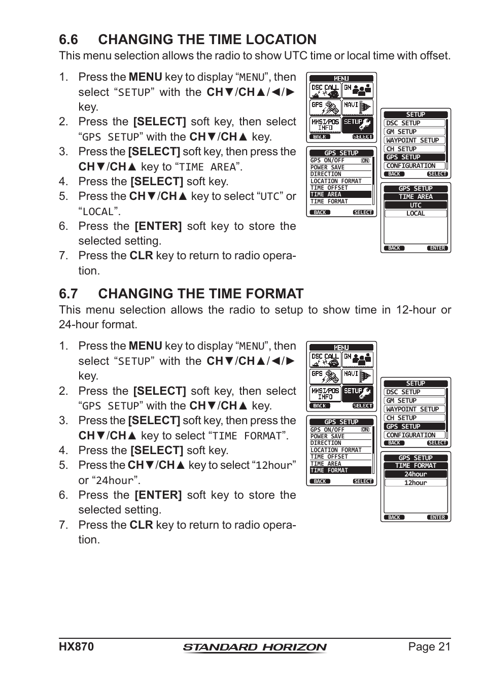 6 changing the time location, 7 changing the time format | Standard Horizon HX-870 User Manual | Page 21 / 140