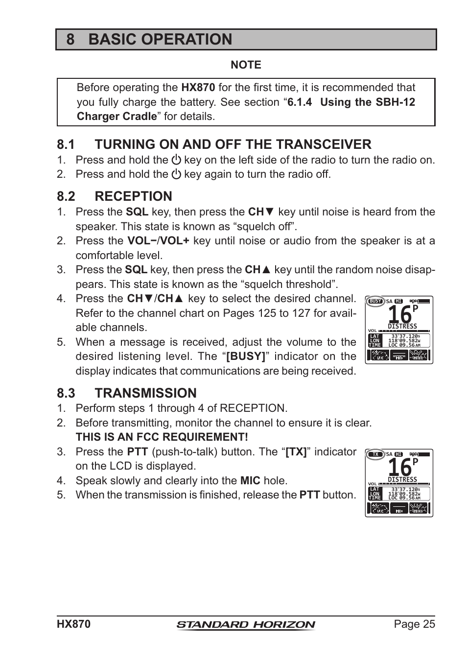 8 basic operation, 1 turning on and off the transceiver, 2 reception | 3 transmission | Standard Horizon HX-870 User Manual | Page 25 / 140