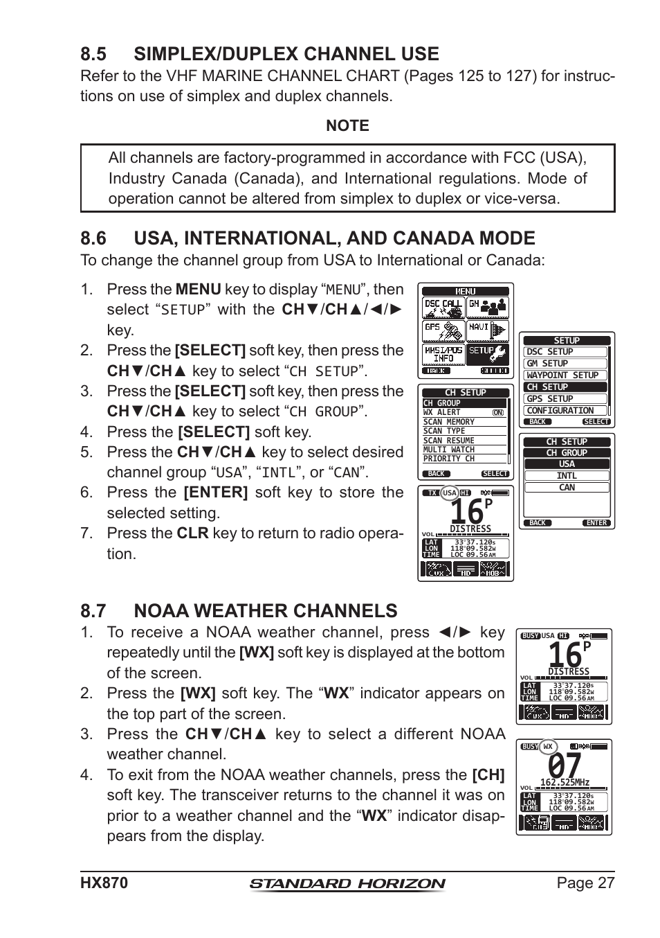 5 simplex/duplex channel use, 6 usa, international, and canada mode, 7 noaa weather channels | Standard Horizon HX-870 User Manual | Page 27 / 140