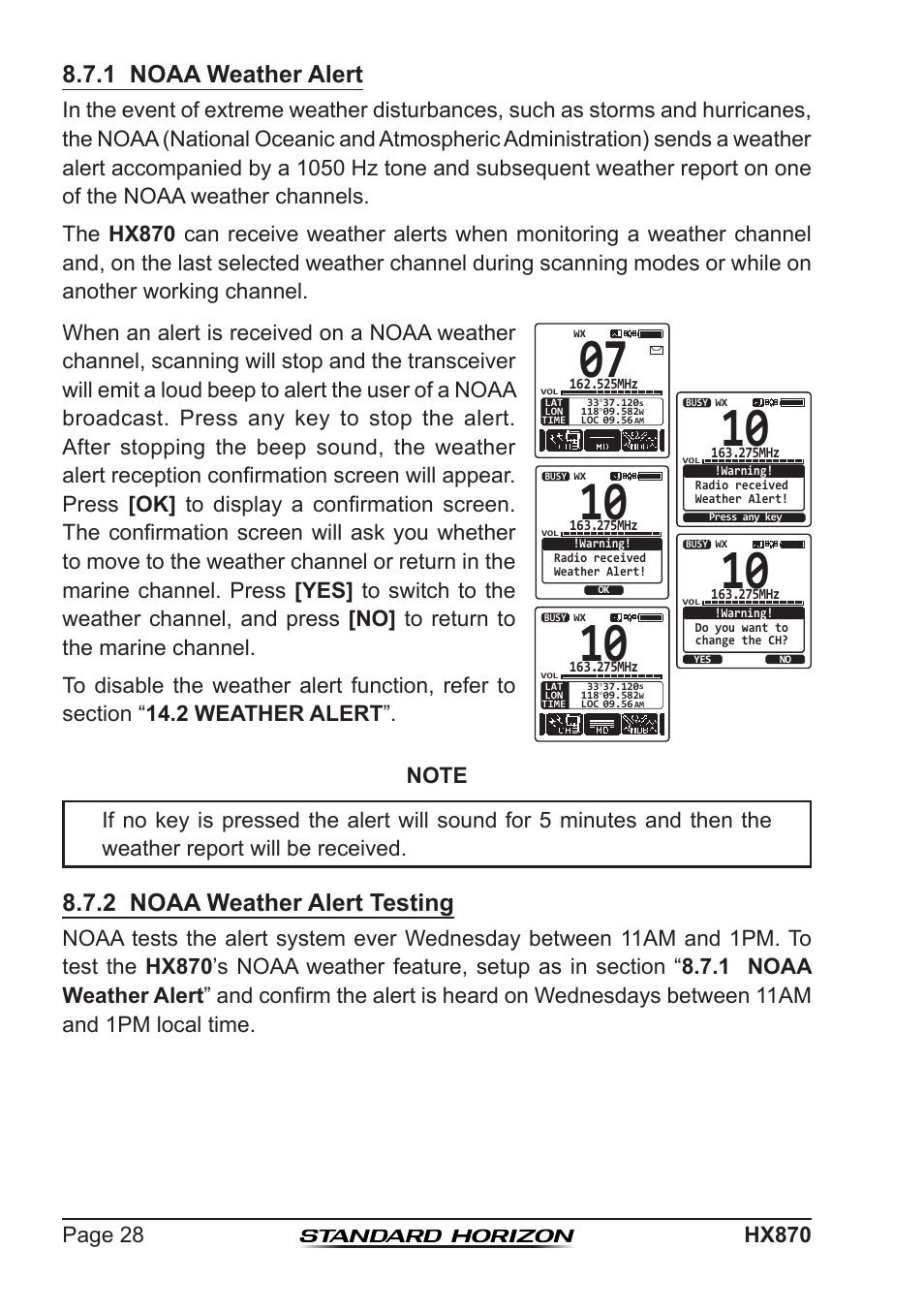 1 noaa weather alert, 2 noaa weather alert testing | Standard Horizon HX-870 User Manual | Page 28 / 140