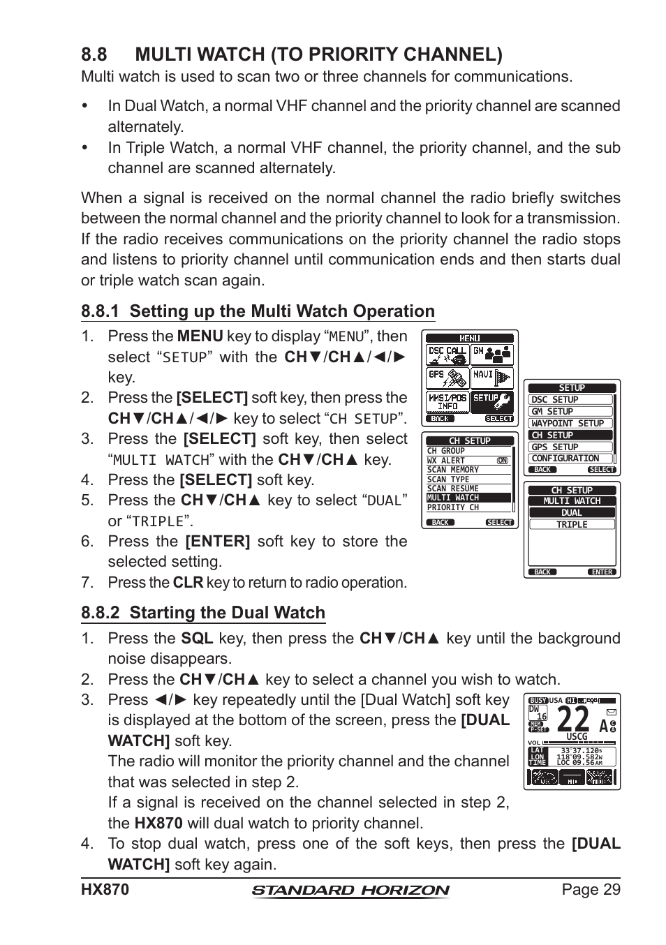 8 multi watch (to priority channel), 1 setting up the multi watch operation, 2 starting the dual watch | Standard Horizon HX-870 User Manual | Page 29 / 140