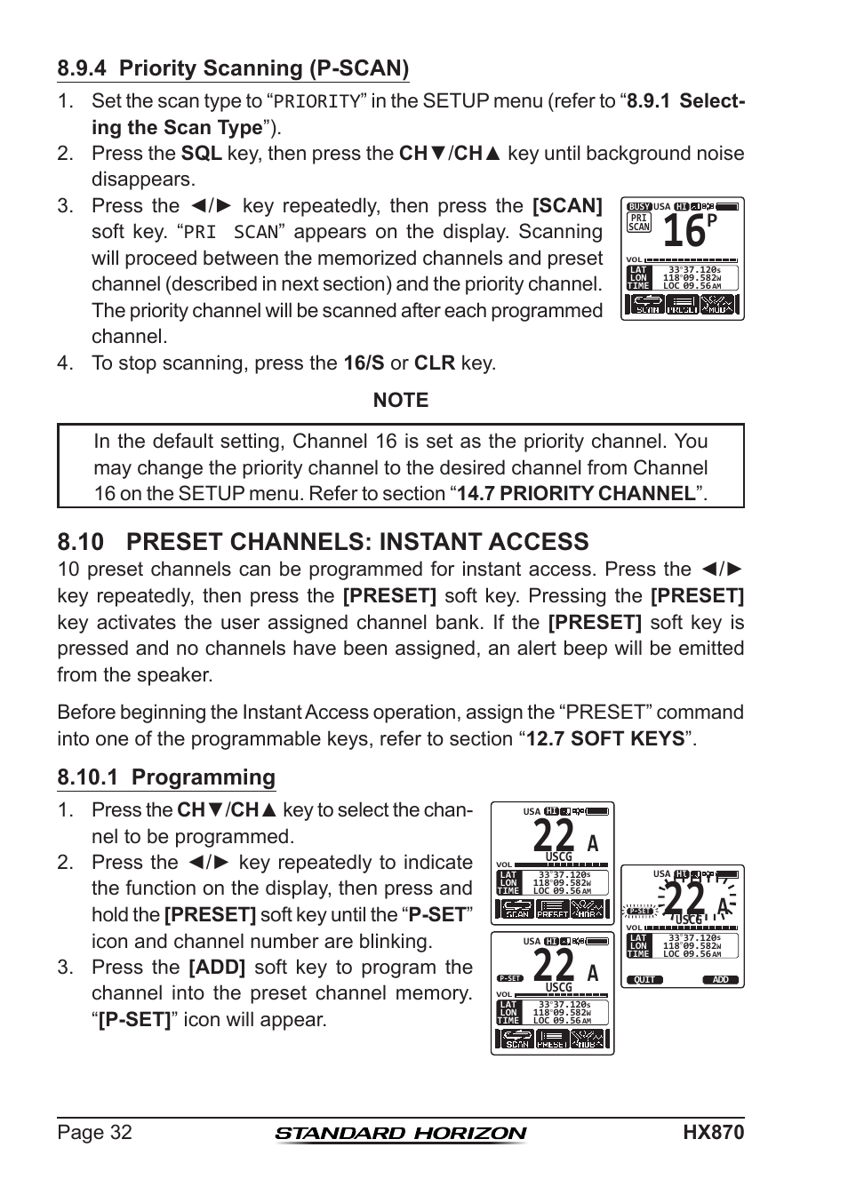 10 preset channels: instant access, 4 priority scanning (p-scan), 1 programming | Standard Horizon HX-870 User Manual | Page 32 / 140