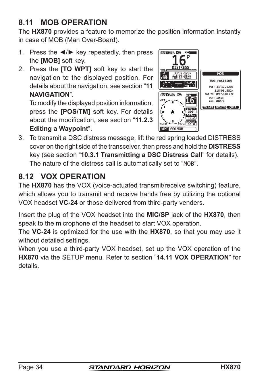 11 mob operation, 12 vox operation | Standard Horizon HX-870 User Manual | Page 34 / 140