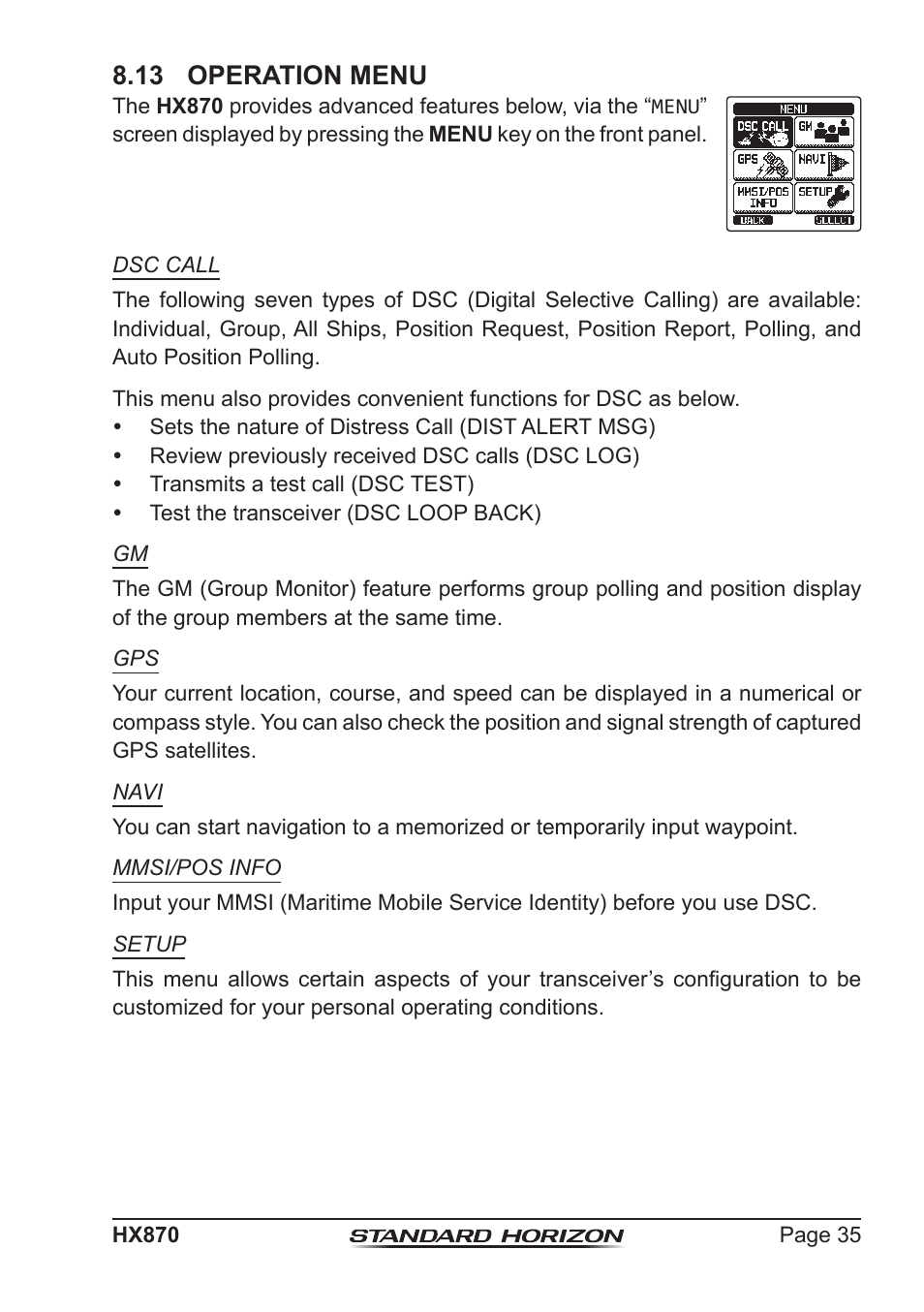 13 operation menu | Standard Horizon HX-870 User Manual | Page 35 / 140