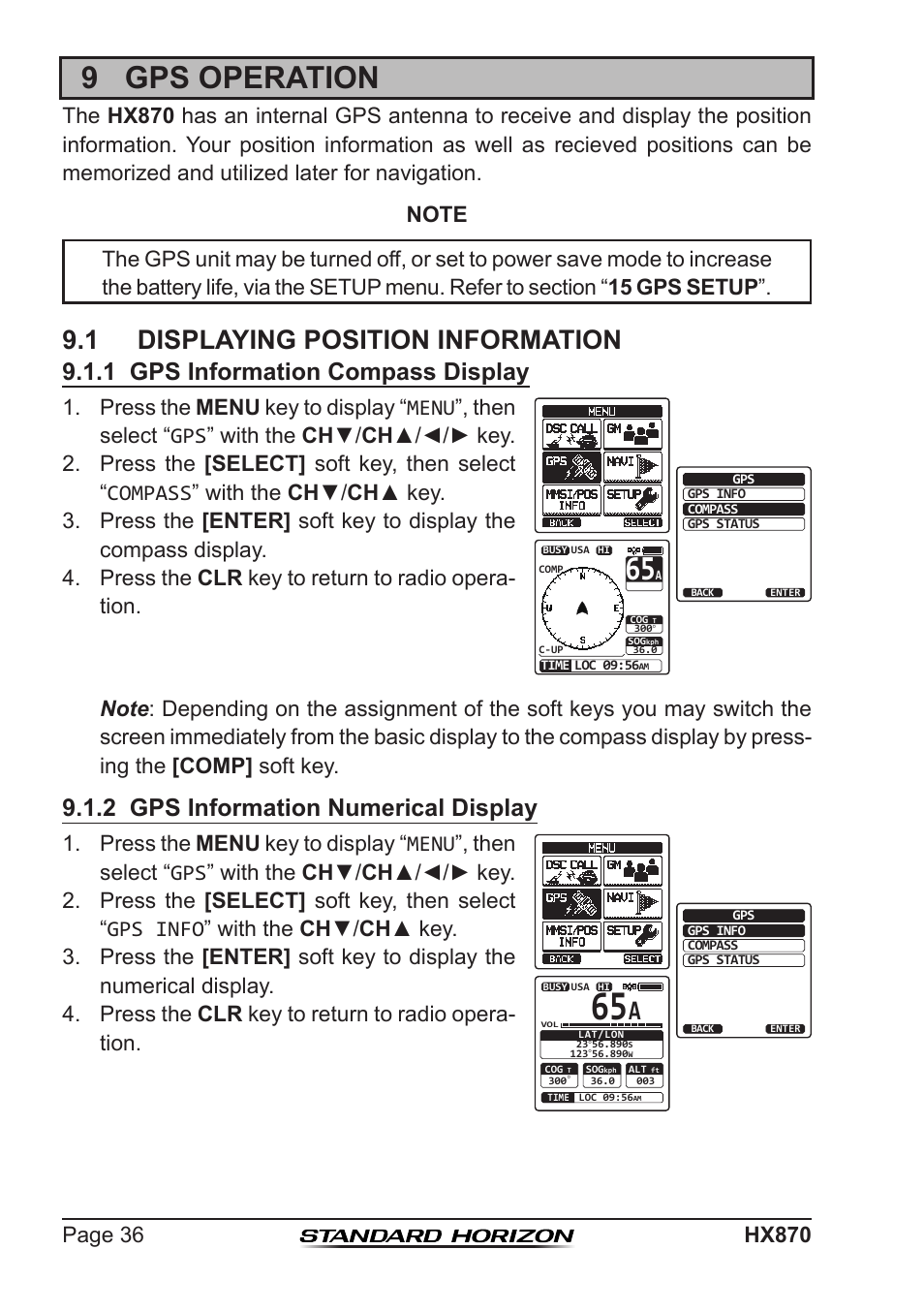 9 gps operation, 1 displaying position information, 1 gps information compass display | 2 gps information numerical display | Standard Horizon HX-870 User Manual | Page 36 / 140