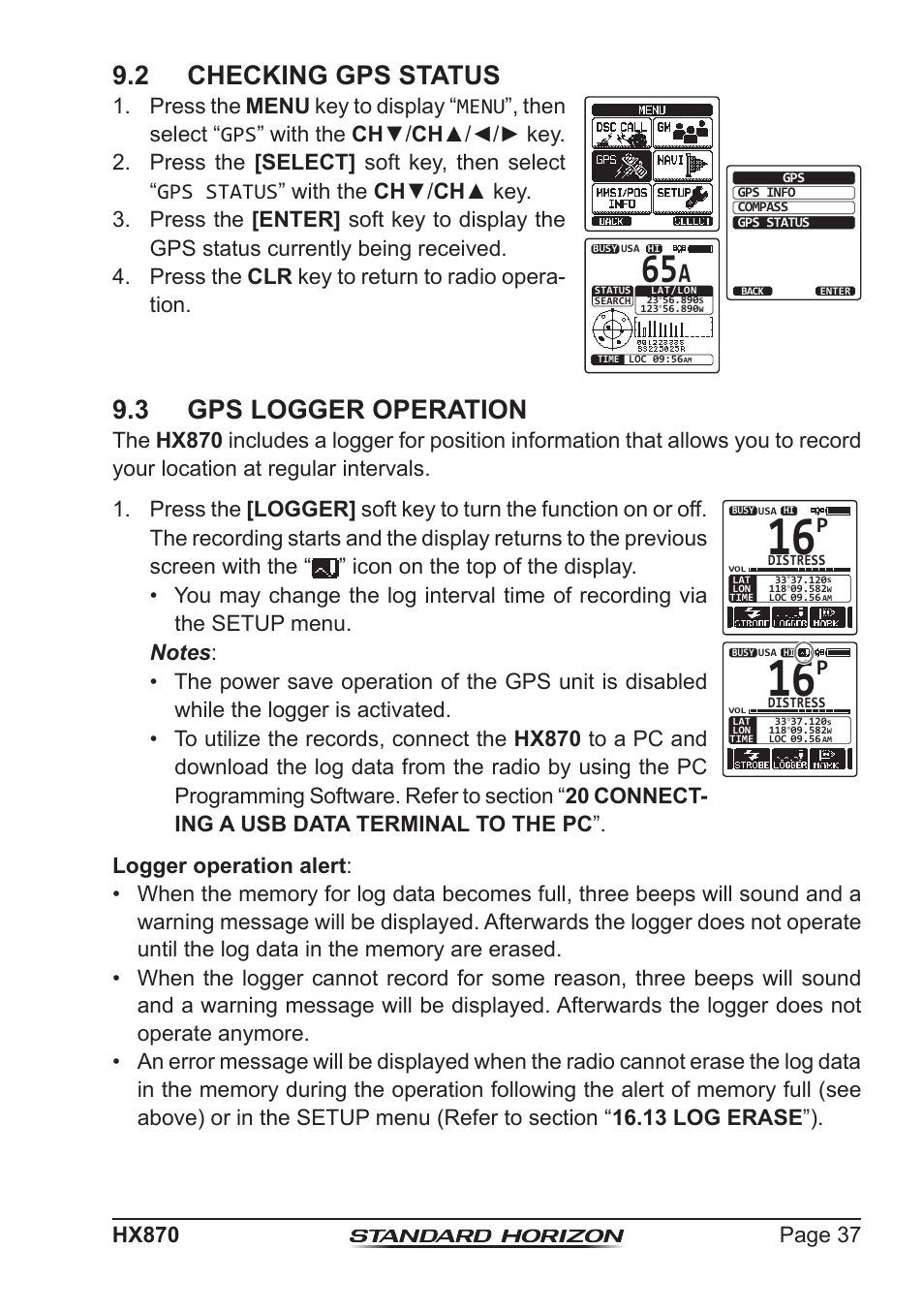 2 checking gps status, 3 gps logger operation | Standard Horizon HX-870 User Manual | Page 37 / 140