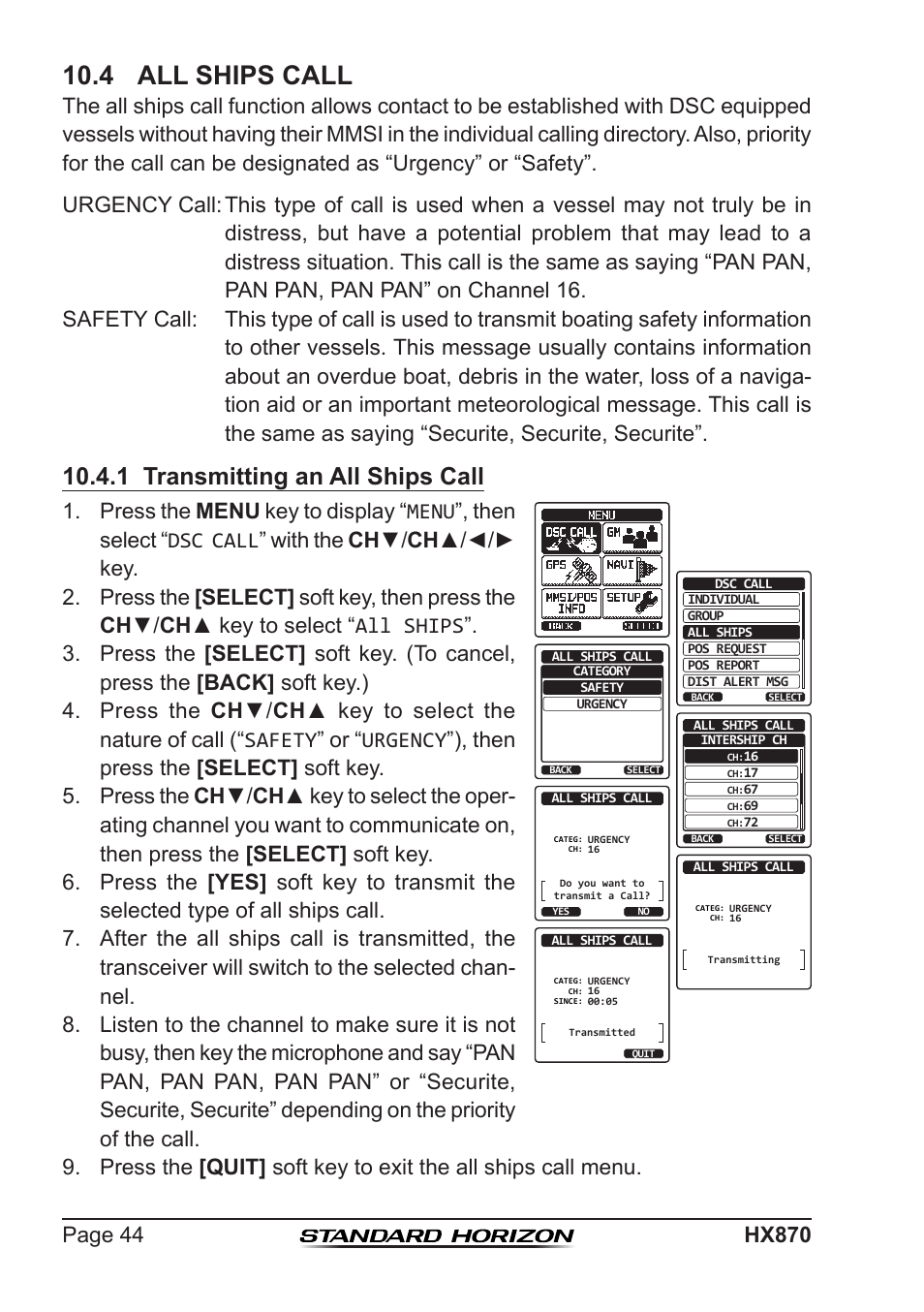 4 all ships call, 1 transmitting an all ships call | Standard Horizon HX-870 User Manual | Page 44 / 140